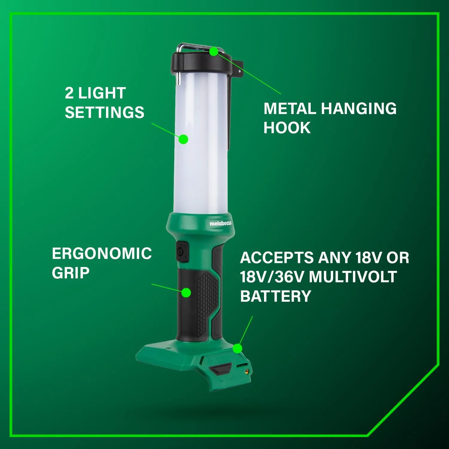Metabo HPT 18V MultiVolt Cordless LED Lantern, 750 Lumens, 2 Light Settings, 360° Illumination, Long Lasting Light, Integrated Hanging Hook, Compact and Lightweight, Tool Body Only, UB18DFQ4