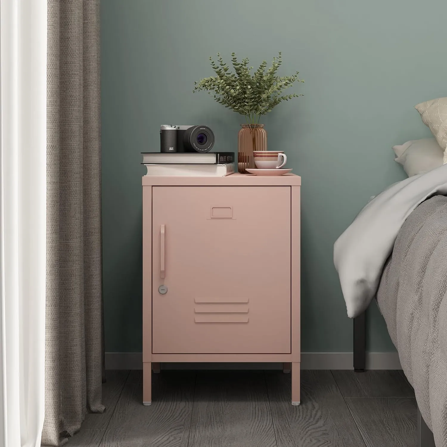 Metal Nightstand Modern End Side Table Steel Bedside Storage Cabinet with Shelf Easy Assembly for Living Room Bedroom （15.8”W x 15”D x 22.5”H ）