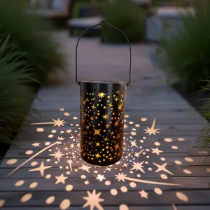 Meteor Solar Table Lights Outdoor Waterproof, Golden Star & Dot Design with Portable Handle, Warm White LED Lantern for Indoor Desk Bedroom Patio Garden Pathway Yard (1 Pack Black)
