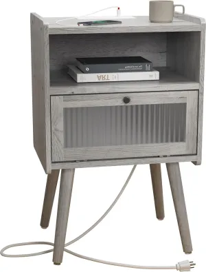 Mid Century Modern Nightstand with Charging Station, Bedside Tables with Glass Door, End Table Side Table with 2 Tiers Storage Space, for Bedroom, Living Room, Light Grey