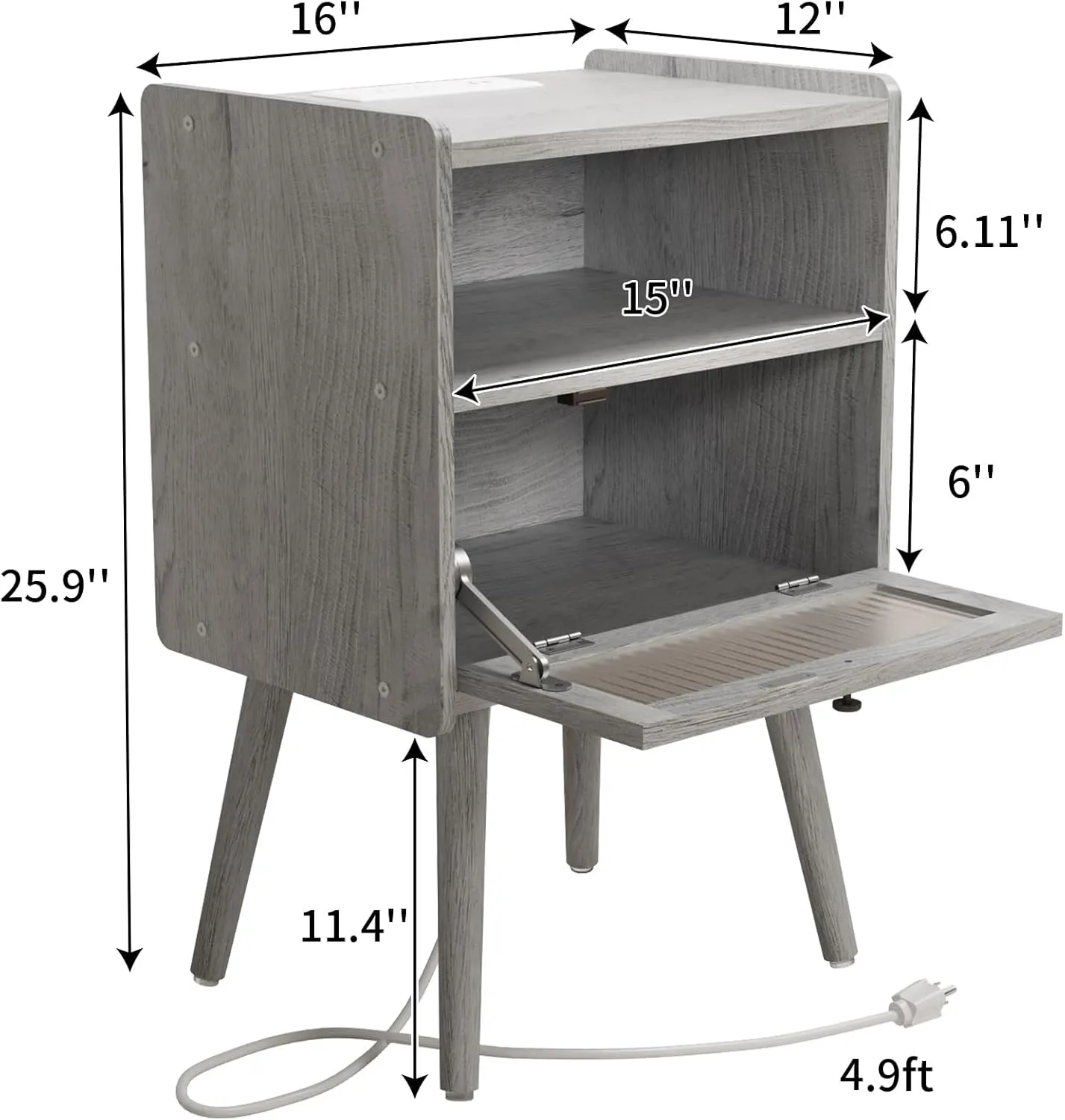Mid Century Modern Nightstand with Charging Station, Bedside Tables with Glass Door, End Table Side Table with 2 Tiers Storage Space, for Bedroom, Living Room, Light Grey