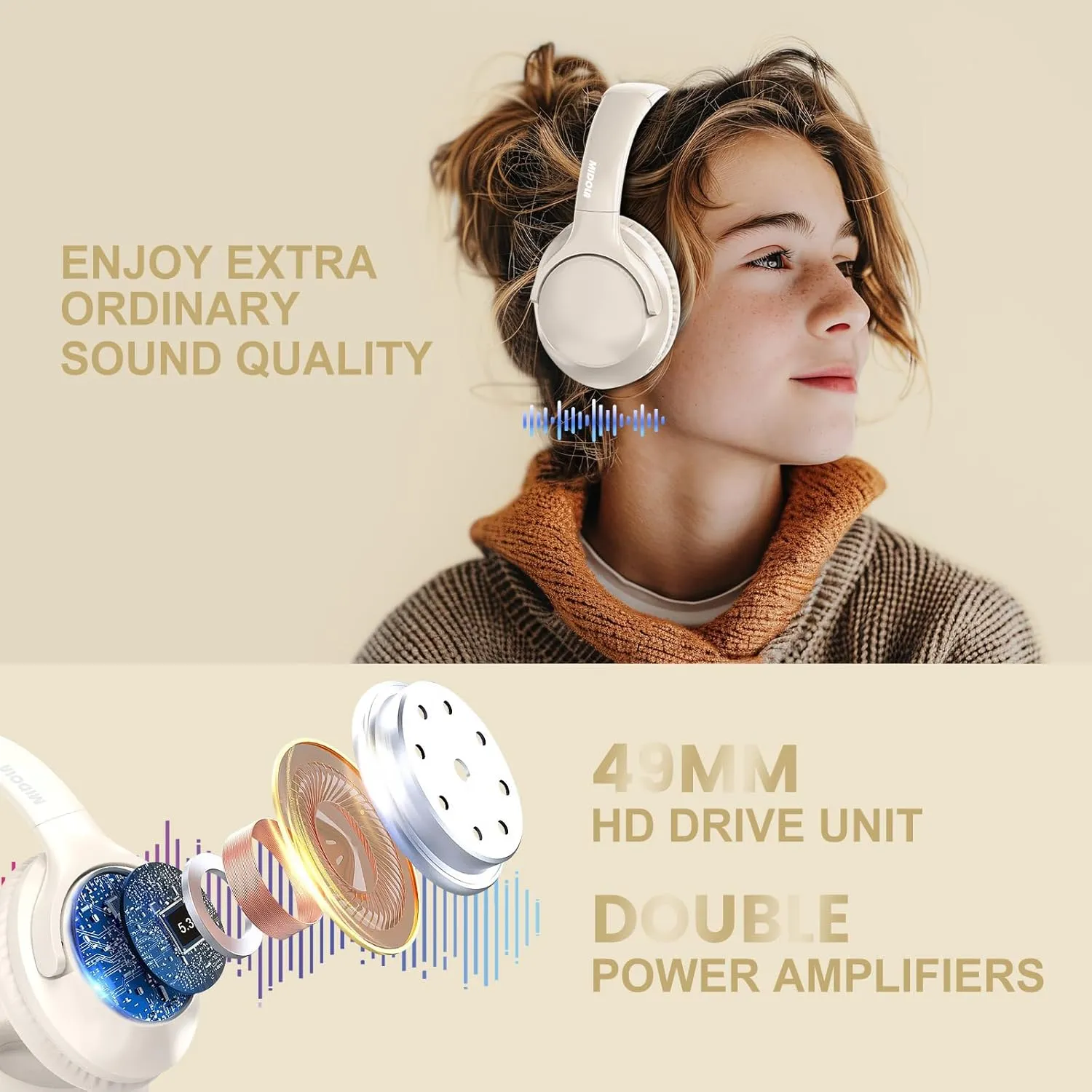 MIDOLA Bluetooth Headphones Over Ear 68H Playtime 6 EQ Wireless Headset with Microphone HiFi Stereo Foldable Lightweight Deep Bass for Travel Home Office Cellphone Milk White
