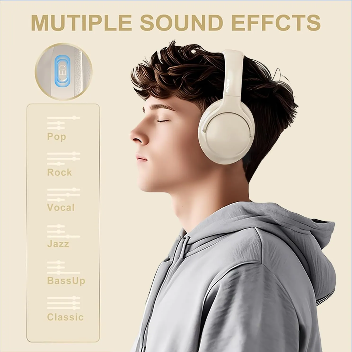 MIDOLA Bluetooth Headphones Over Ear 68H Playtime 6 EQ Wireless Headset with Microphone HiFi Stereo Foldable Lightweight Deep Bass for Travel Home Office Cellphone Milk White