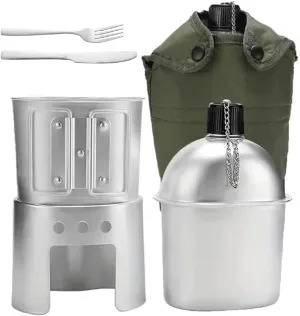Military Canteen Set of 4, Canteen Cup Stove Pouch Kit, Aluminum Water Cookware Set WWII US G.I. Style with Stainless Steel Spoon Fork for Camping Hiking Backpacking Hunting