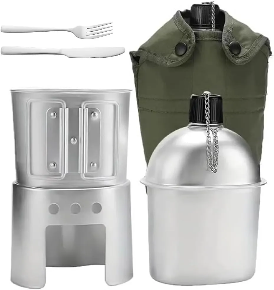 Military Canteen Set of 4, Canteen Cup Stove Pouch Kit, Aluminum Water Cookware Set WWII US G.I. Style with Stainless Steel Spoon Fork for Camping Hiking Backpacking Hunting