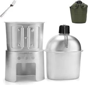Military Canteen Set of 4, Canteen Cup Stove Pouch Kit, Can Cook Food, Aluminum Portable Tableware Suitable for Outdoor Survival, Camping, Hiking, Backpacking, Hunting, for Outdoor Lovers