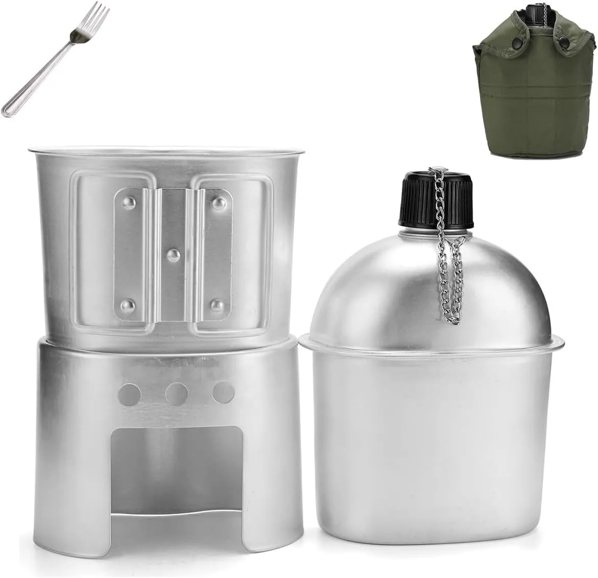 Military Canteen Set of 4, Canteen Cup Stove Pouch Kit, Can Cook Food, Aluminum Portable Tableware Suitable for Outdoor Survival, Camping, Hiking, Backpacking, Hunting, for Outdoor Lovers
