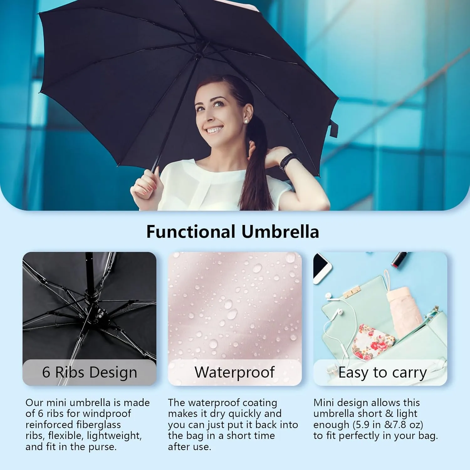 Mini Travel Umbrella Purse with Case Compact, Lightweight, UV Umbrella UPF 50  Sun Protection, Windproof Portable Parasol for Women, Men & Kids