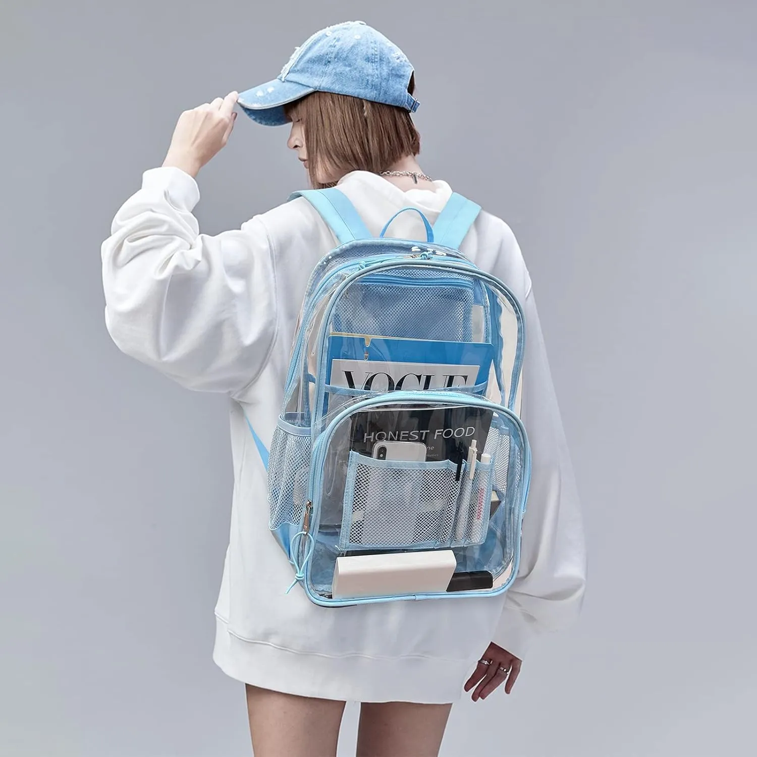 MIRLEWAIY Large Clear PVC School Backpack See Through Bookbag Heavy Duty Laptop Bag for Men Women Job Safety Requirement, Dark Blue