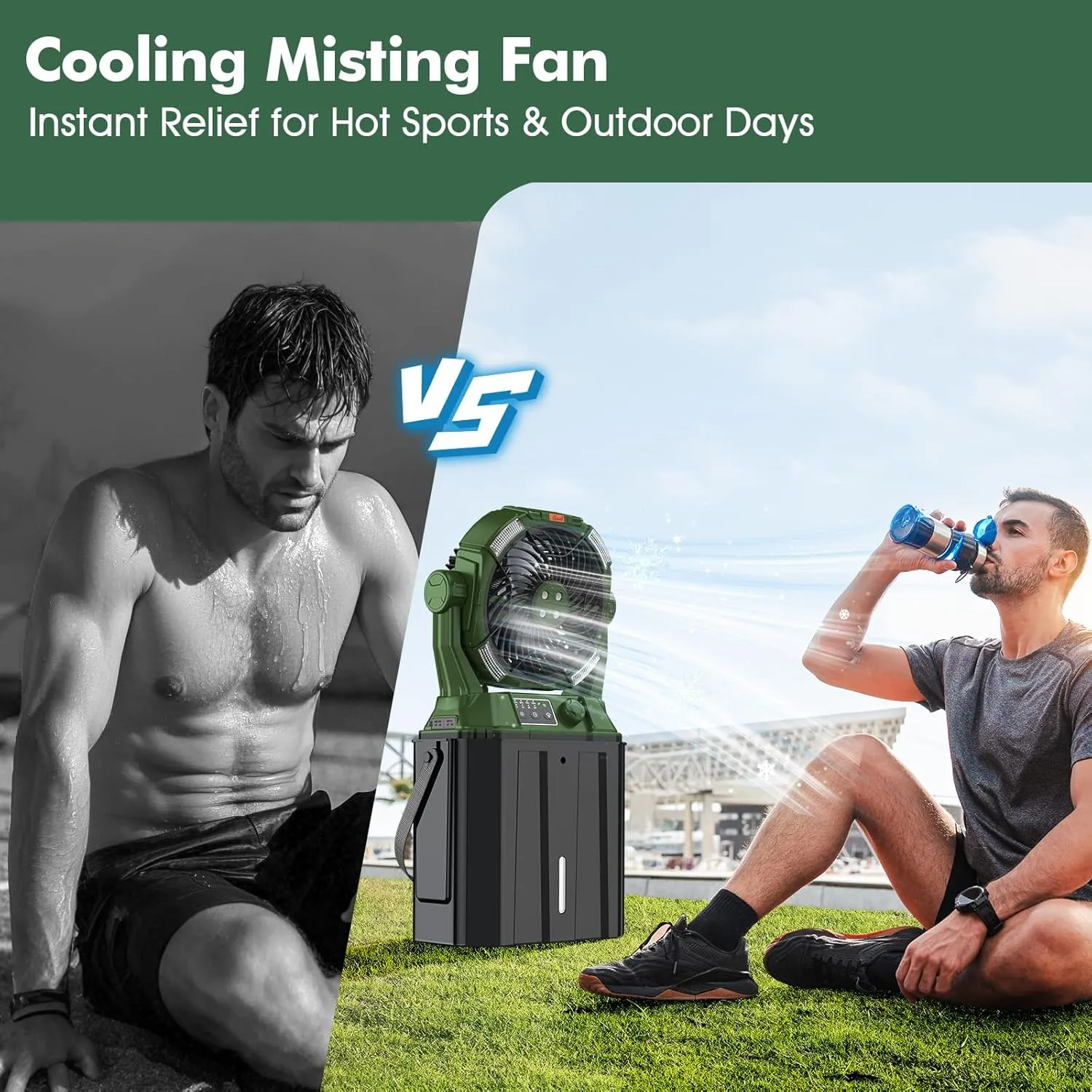 Misting Fan with Portable 6L Bucket for Outdoor Patios, 20000mAh Rechargeable Mister Fan for Camping with LED Light, 4 Spray Mister, Remote Controller Green