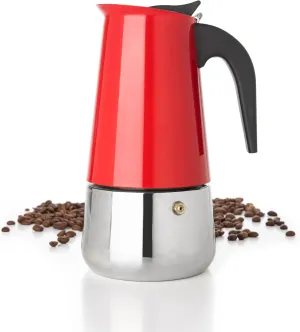 Mixpresso 6 Cup Greca Stovetop Espresso Maker 10oz, Moka Pot with Coffee Percolator Design, Stainless Steel Stove Top Coffee Maker for Camping or Home, Italian Coffee Maker Stovetop Red Coffee Pot
