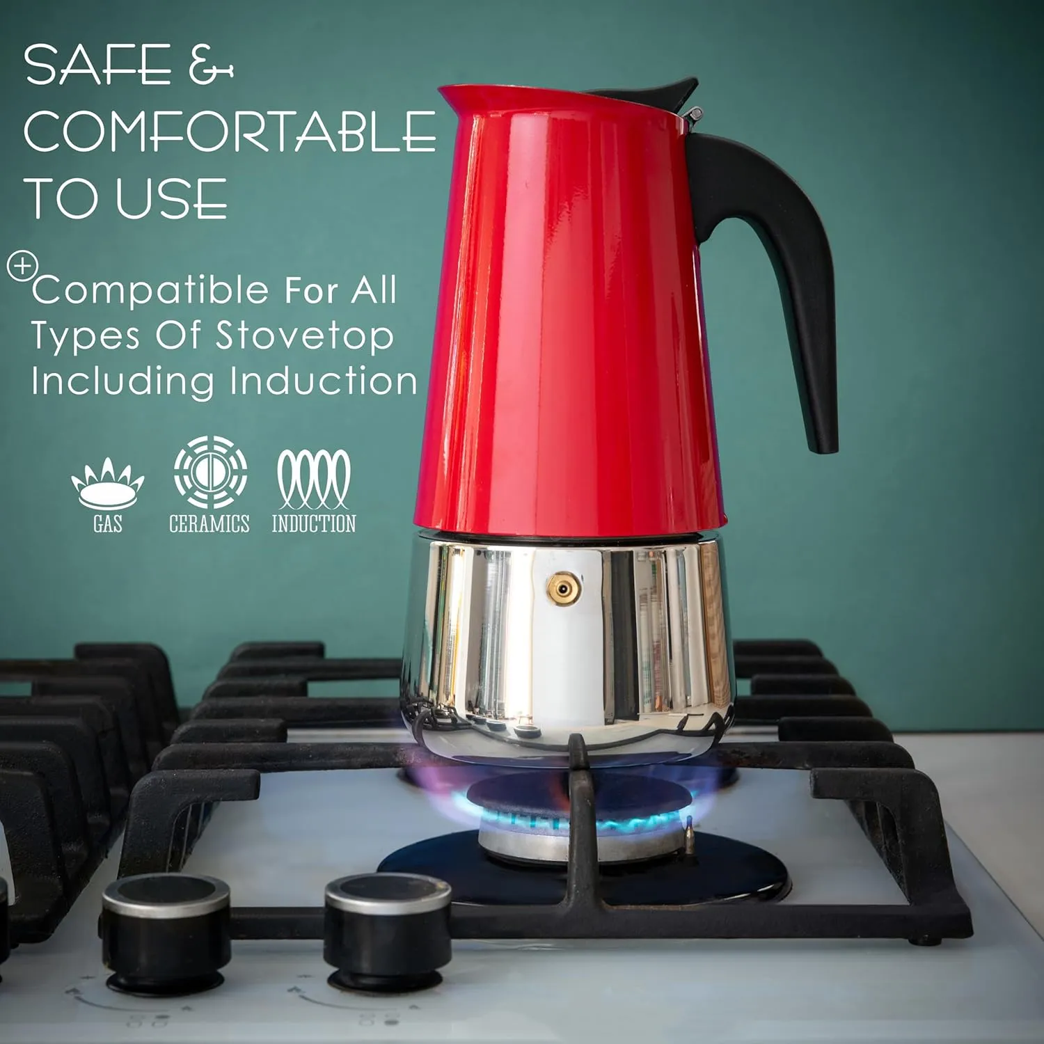 Mixpresso 6 Cup Greca Stovetop Espresso Maker 10oz, Moka Pot with Coffee Percolator Design, Stainless Steel Stove Top Coffee Maker for Camping or Home, Italian Coffee Maker Stovetop Red Coffee Pot