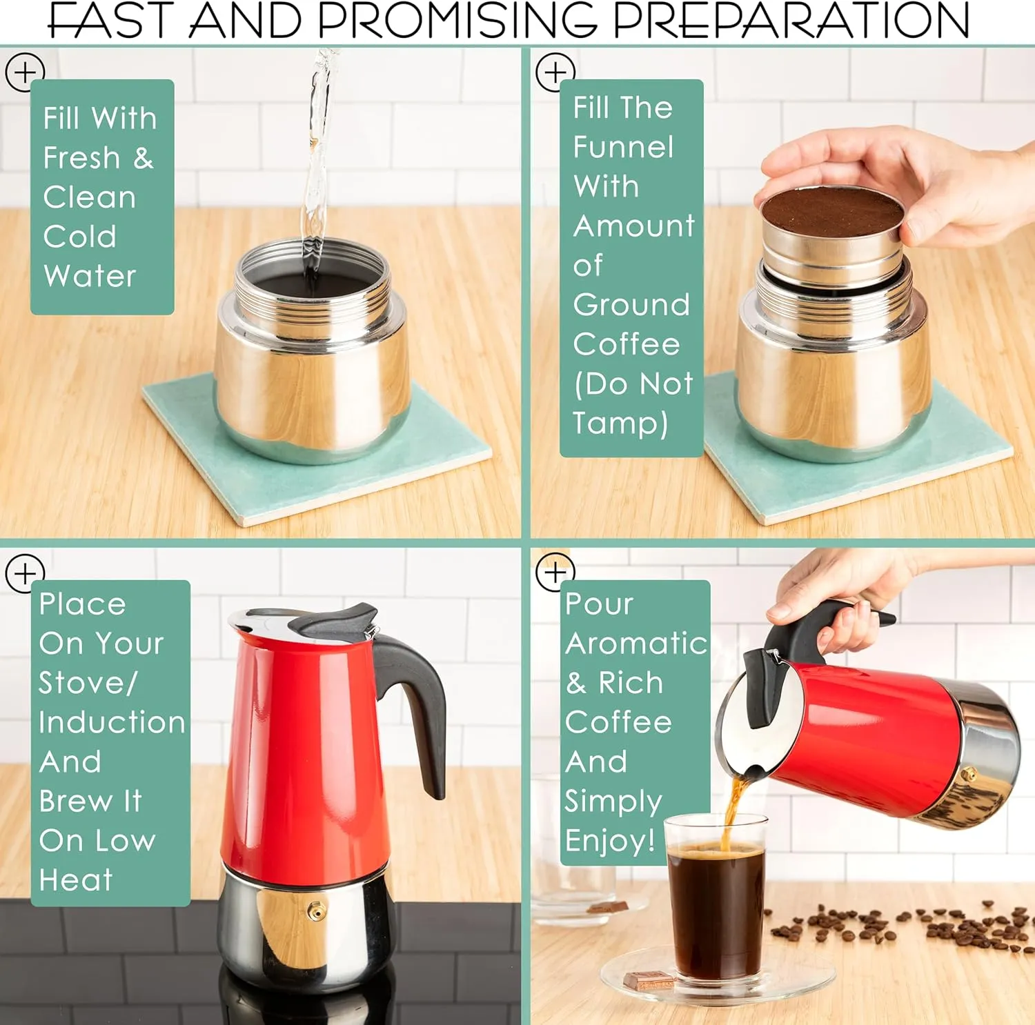 Mixpresso 6 Cup Greca Stovetop Espresso Maker 10oz, Moka Pot with Coffee Percolator Design, Stainless Steel Stove Top Coffee Maker for Camping or Home, Italian Coffee Maker Stovetop Red Coffee Pot