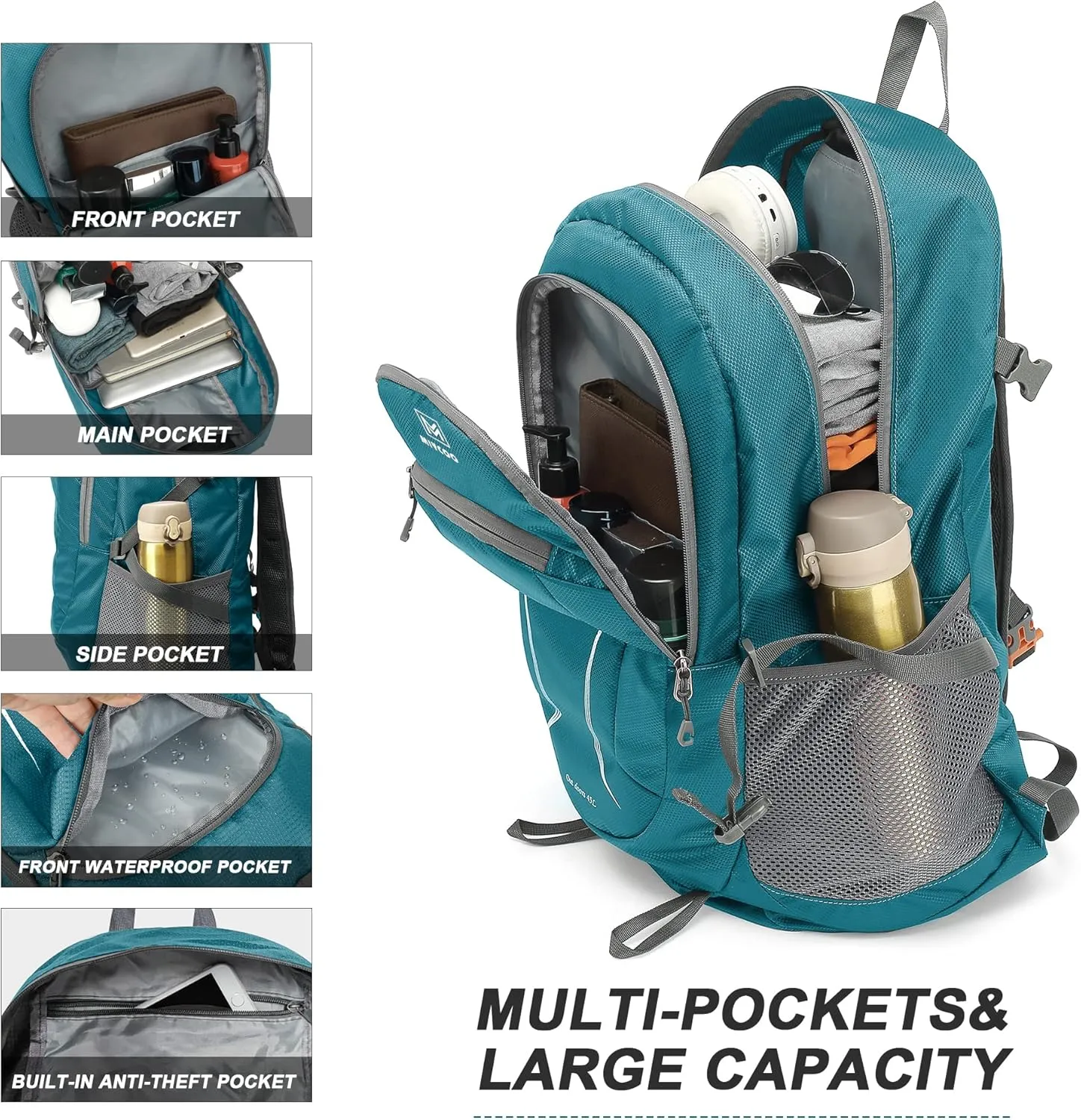 MIYCOO Lightweight Backpack for Men Women Foldable Packable Hiking Travel Backpack Outdoor Camping Waterproof Daypack 45L Green