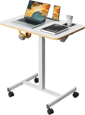 Mobile Standing Desk, Rolling Laptop Cart Adjustable Height with Cup Holder, 28 inch Portable Table with 4 Lockable Wheels, White Computer Workstation with Hook and Slots for Home Office