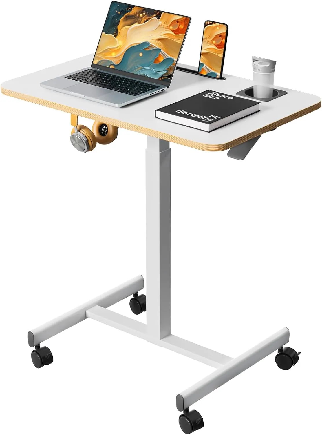 Mobile Standing Desk, Rolling Laptop Cart Adjustable Height with Cup Holder, 28 inch Portable Table with 4 Lockable Wheels, White Computer Workstation with Hook and Slots for Home Office