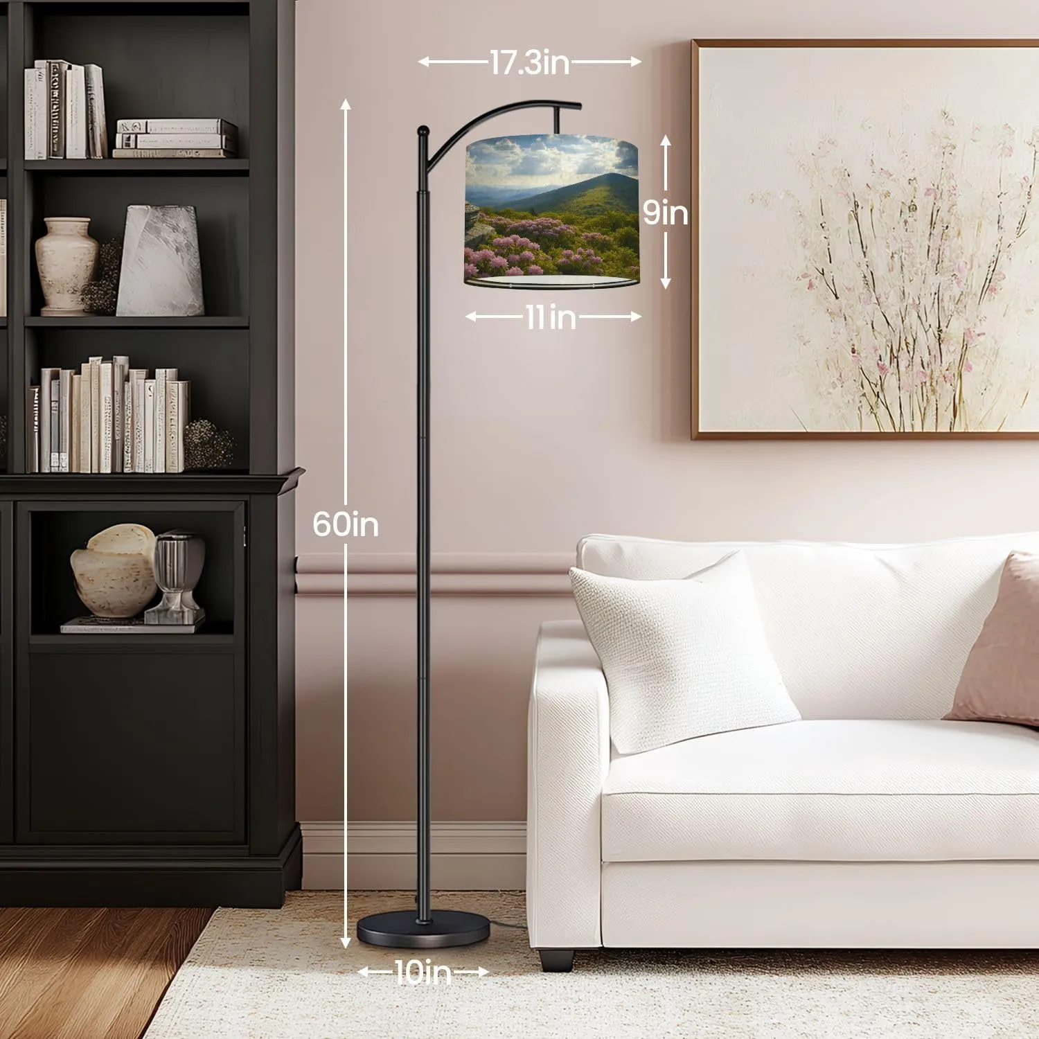 Modern Arc Floor Lamp, Appalachian Trail Roan Mountains Rhododendron Bloom Blue Ridge Peaks Standing Lamp with Hanging Linen Shade Adjustable Foot Switch for Living Room Bedroom Study Room Office