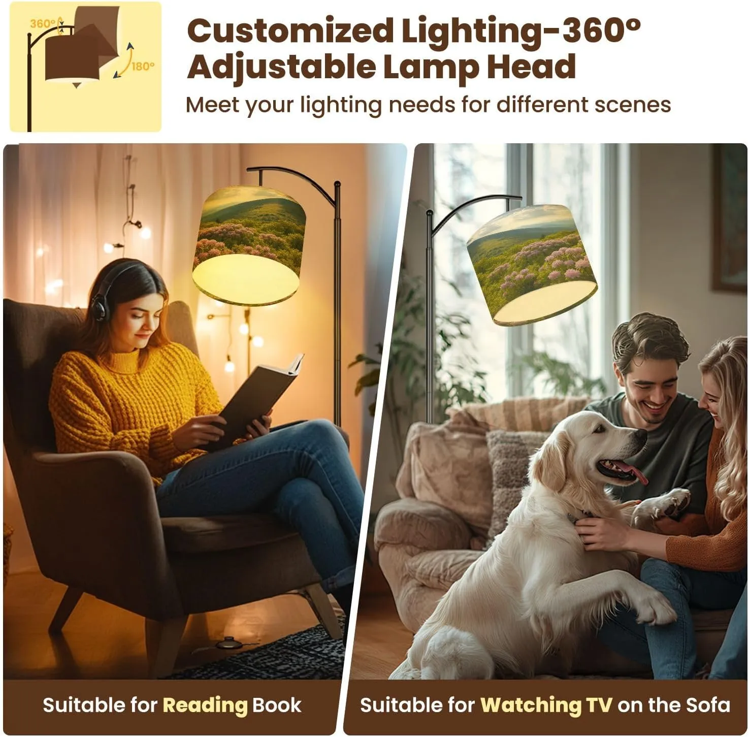 Modern Arc Floor Lamp, Appalachian Trail Roan Mountains Rhododendron Bloom Blue Ridge Peaks Standing Lamp with Hanging Linen Shade Adjustable Foot Switch for Living Room Bedroom Study Room Office