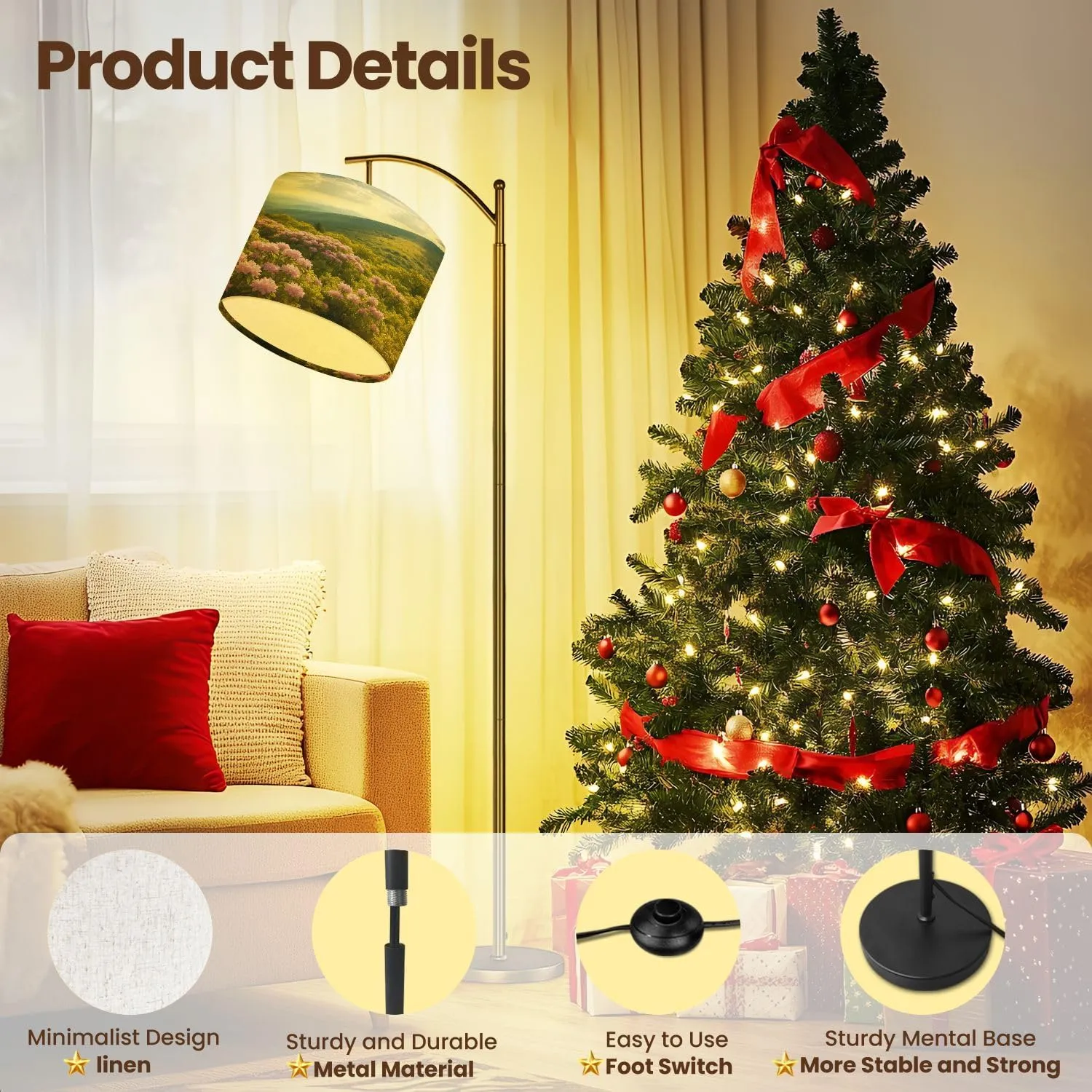 Modern Arc Floor Lamp, Appalachian Trail Roan Mountains Rhododendron Bloom Blue Ridge Peaks Standing Lamp with Hanging Linen Shade Adjustable Foot Switch for Living Room Bedroom Study Room Office
