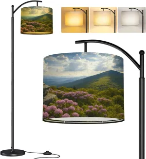 Modern Arc Floor Lamp, Appalachian Trail Roan Mountains Rhododendron Bloom Blue Ridge Peaks Standing Lamp with Hanging Linen Shade Adjustable Foot Switch for Living Room Bedroom Study Room Office
