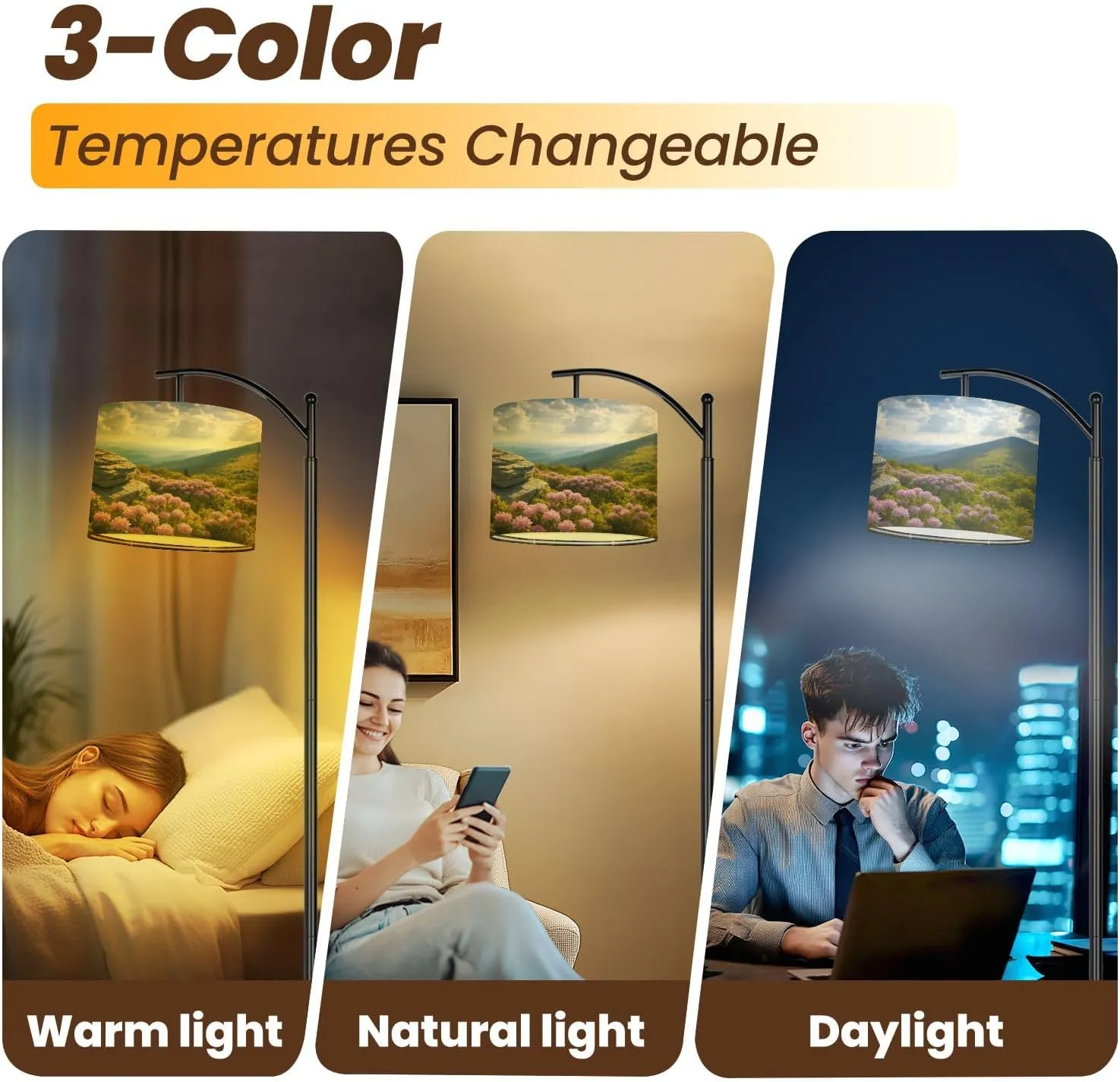 Modern Arc Floor Lamp, Appalachian Trail Roan Mountains Rhododendron Bloom Blue Ridge Peaks Standing Lamp with Hanging Linen Shade Adjustable Foot Switch for Living Room Bedroom Study Room Office