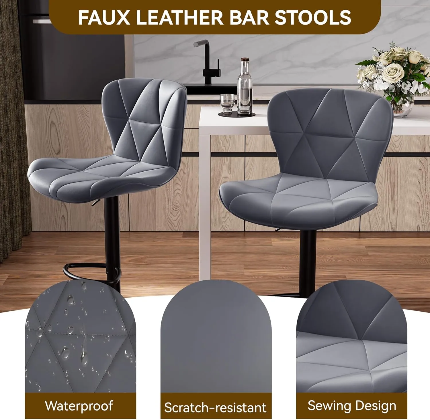 Modern Bar Stools Set of 2, Adjustable Faux Leather Upholstered Swivel Bar Stools, Counter Height Bar Chairs with Back for Kitchen Island, Dark Grey