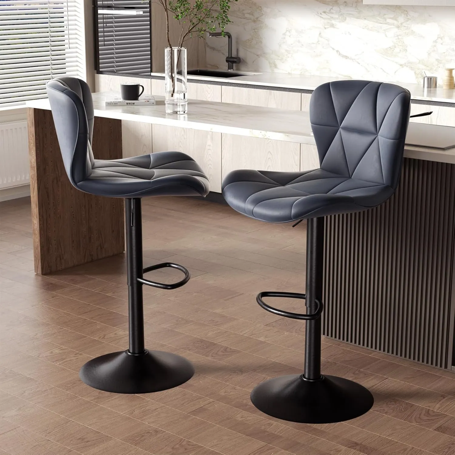 Modern Bar Stools Set of 2, Adjustable Faux Leather Upholstered Swivel Bar Stools, Counter Height Bar Chairs with Back for Kitchen Island, Dark Grey