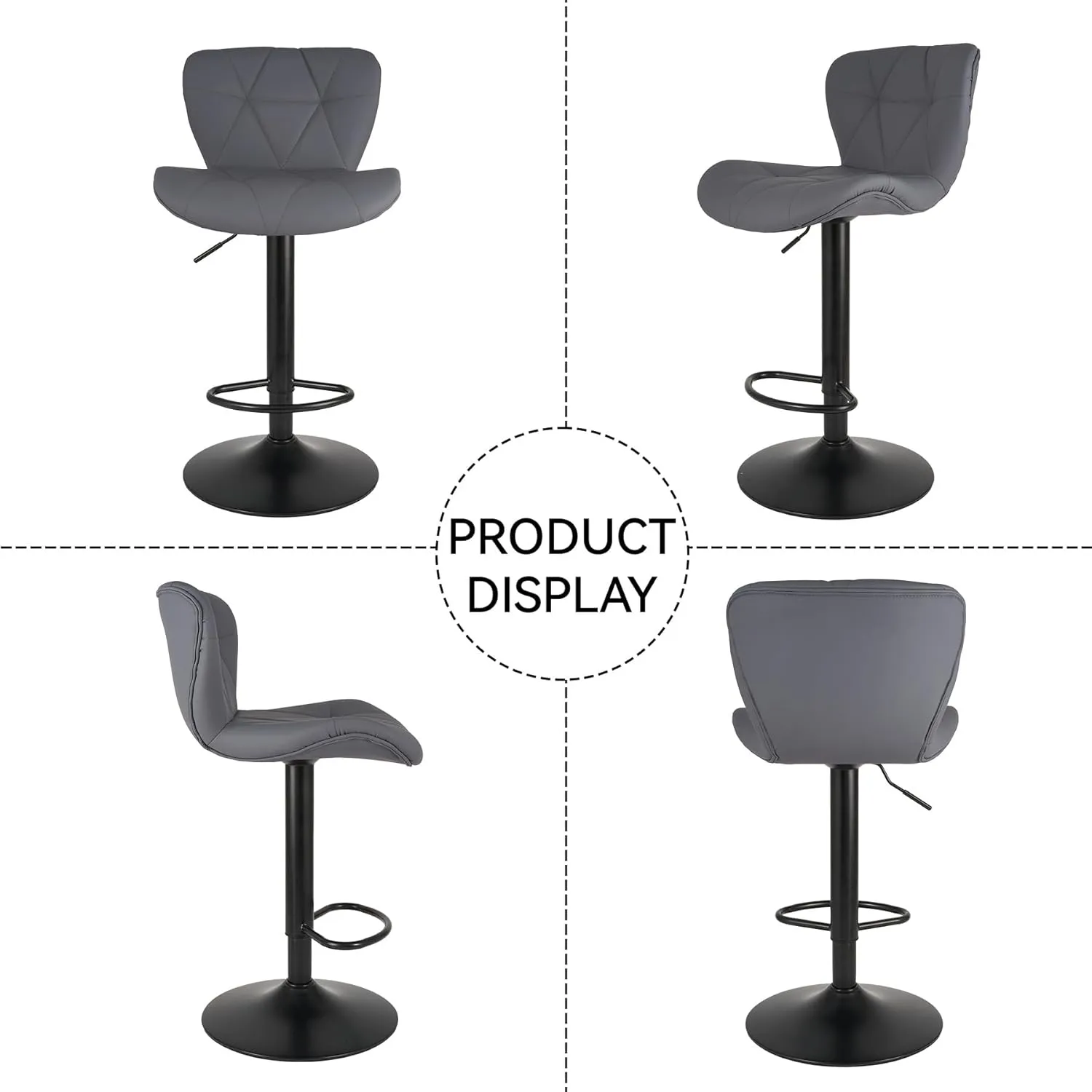 Modern Bar Stools Set of 2, Adjustable Faux Leather Upholstered Swivel Bar Stools, Counter Height Bar Chairs with Back for Kitchen Island, Dark Grey