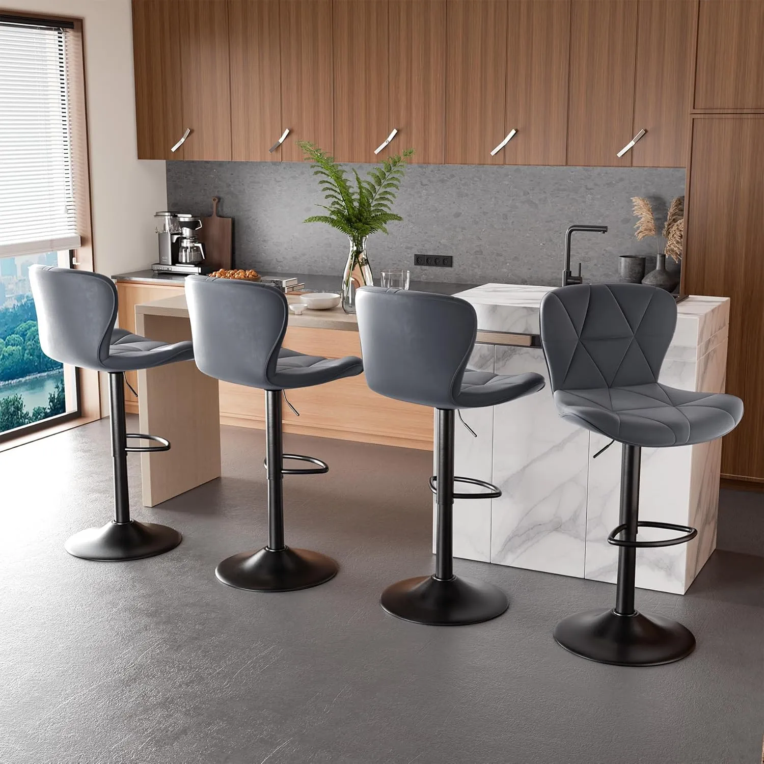 Modern Bar Stools Set of 2, Adjustable Faux Leather Upholstered Swivel Bar Stools, Counter Height Bar Chairs with Back for Kitchen Island, Dark Grey