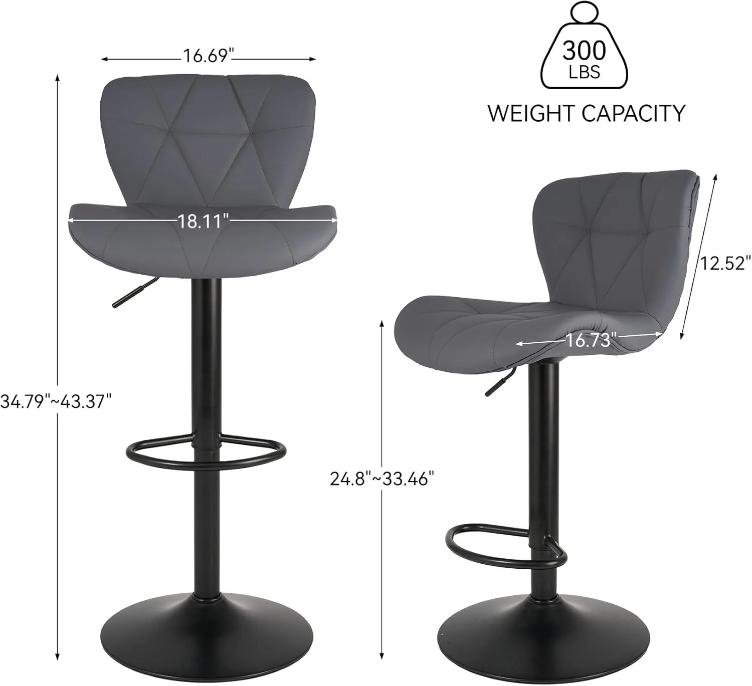 Modern Bar Stools Set of 2, Adjustable Faux Leather Upholstered Swivel Bar Stools, Counter Height Bar Chairs with Back for Kitchen Island, Dark Grey