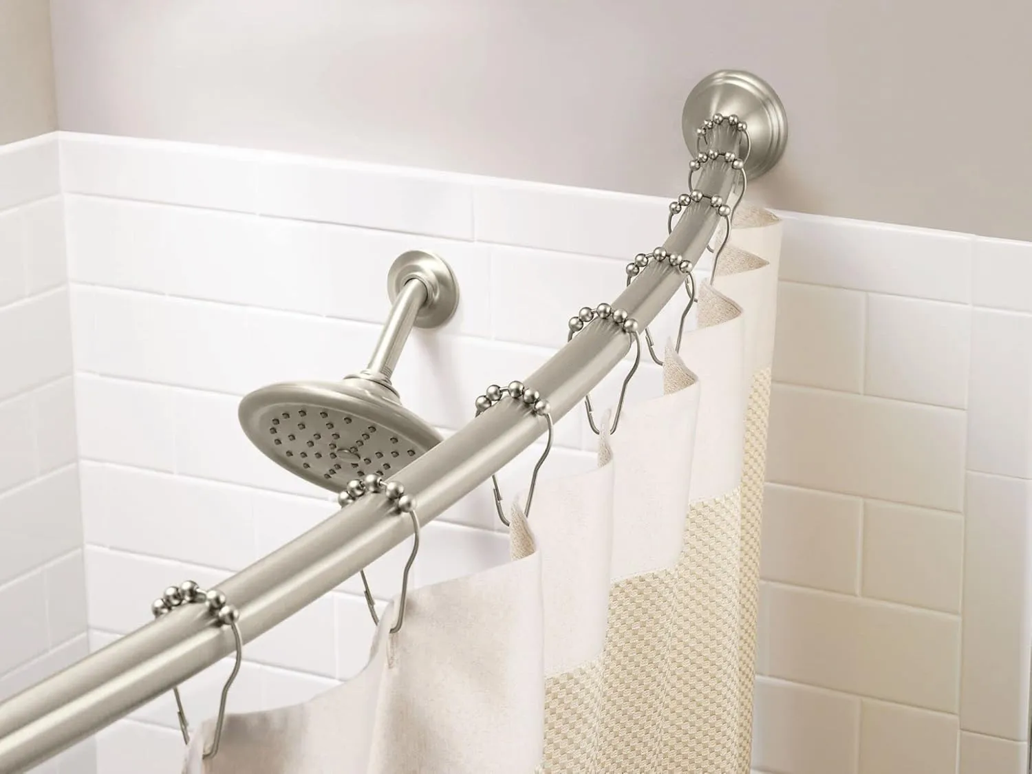 Moen Brushed Nickel 54-Inch to 72-Inch Adjustable Length Fixed Mount Single Curved Shower Rod, Bathroom Shower Curtain Pole, CSR2160BN