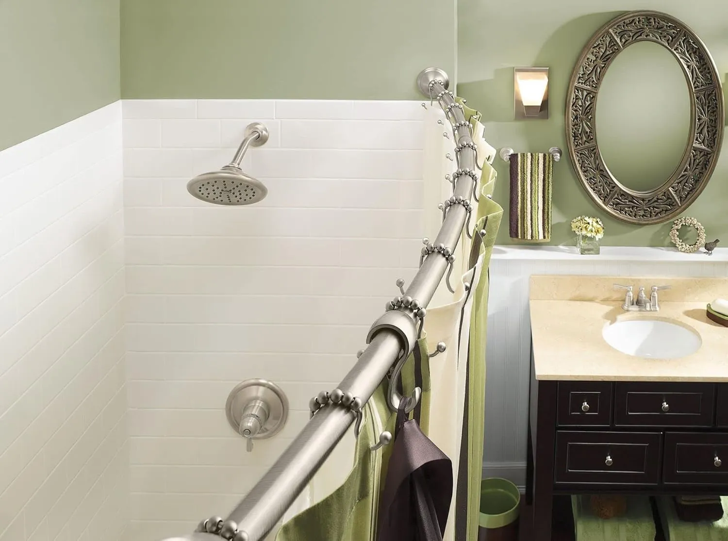Moen Brushed Nickel 54-Inch to 72-Inch Adjustable Length Fixed Mount Single Curved Shower Rod, Bathroom Shower Curtain Pole, CSR2160BN