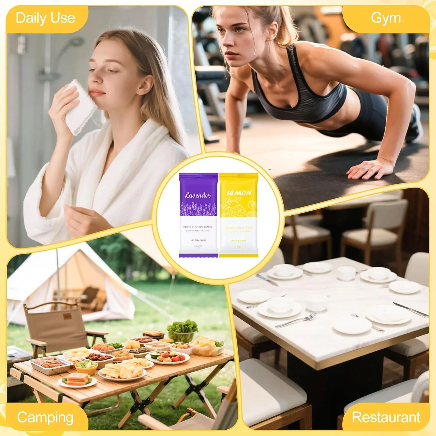 Moist Cotton Towels, 10"x10" Disposable Refreshment Pre Moistened Towels Individually Wrapped Face & Body Wet Moist Terry Cotton Towelettes for Travel Hotel Sport Camping Spa (Lavender Lemon 100Pcs)