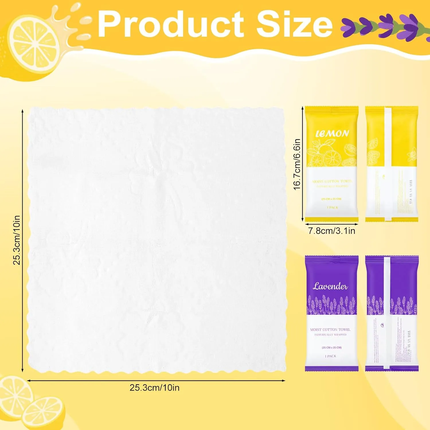Moist Cotton Towels, 10"x10" Disposable Refreshment Pre Moistened Towels Individually Wrapped Face & Body Wet Moist Terry Cotton Towelettes for Travel Hotel Sport Camping Spa (Lavender Lemon 100Pcs)