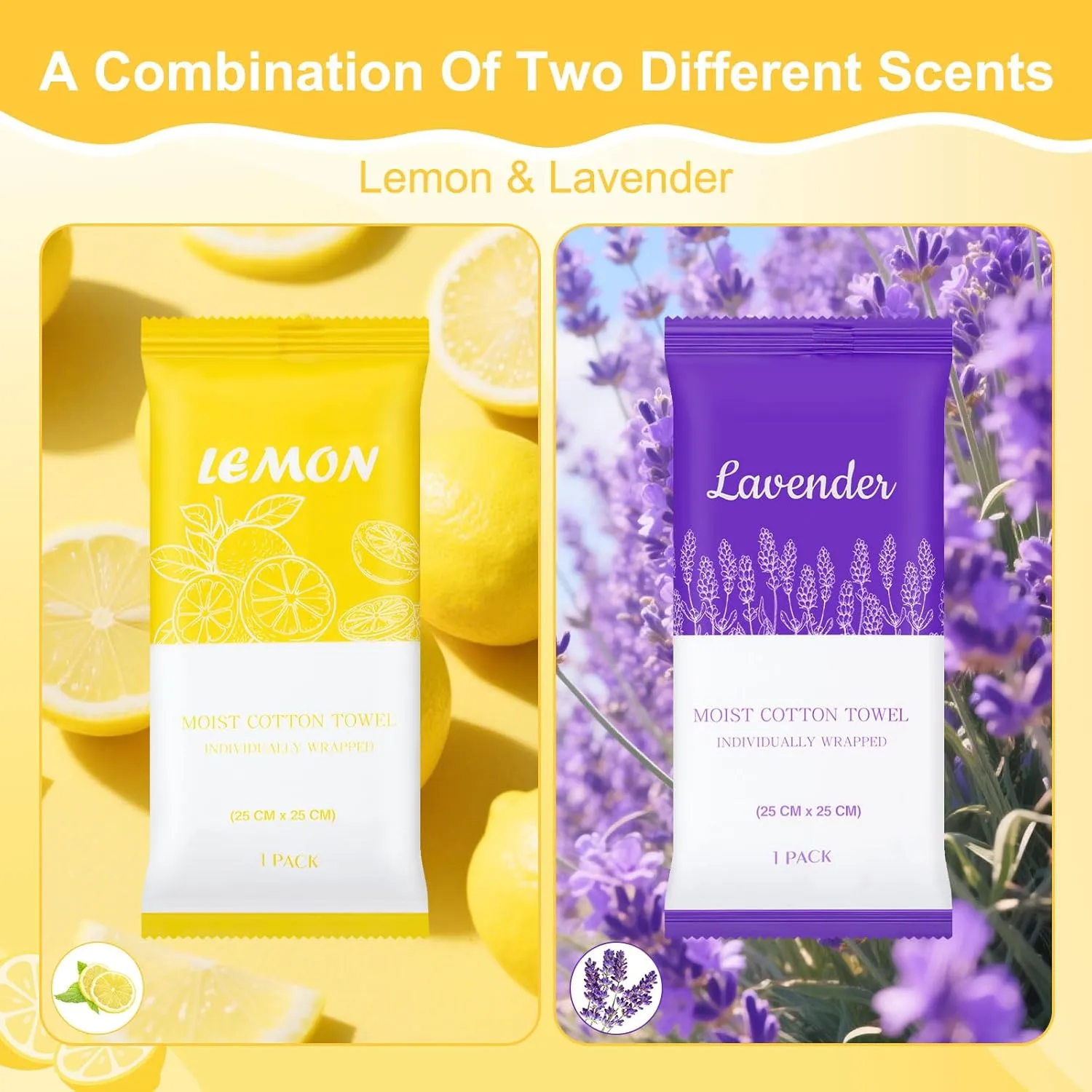 Moist Cotton Towels, 10"x10" Disposable Refreshment Pre Moistened Towels Individually Wrapped Face & Body Wet Moist Terry Cotton Towelettes for Travel Hotel Sport Camping Spa (Lavender Lemon 100Pcs)