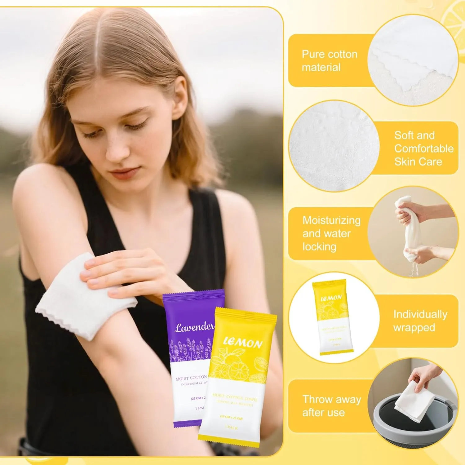 Moist Cotton Towels, 10"x10" Disposable Refreshment Pre Moistened Towels Individually Wrapped Face & Body Wet Moist Terry Cotton Towelettes for Travel Hotel Sport Camping Spa (Lavender Lemon 100Pcs)