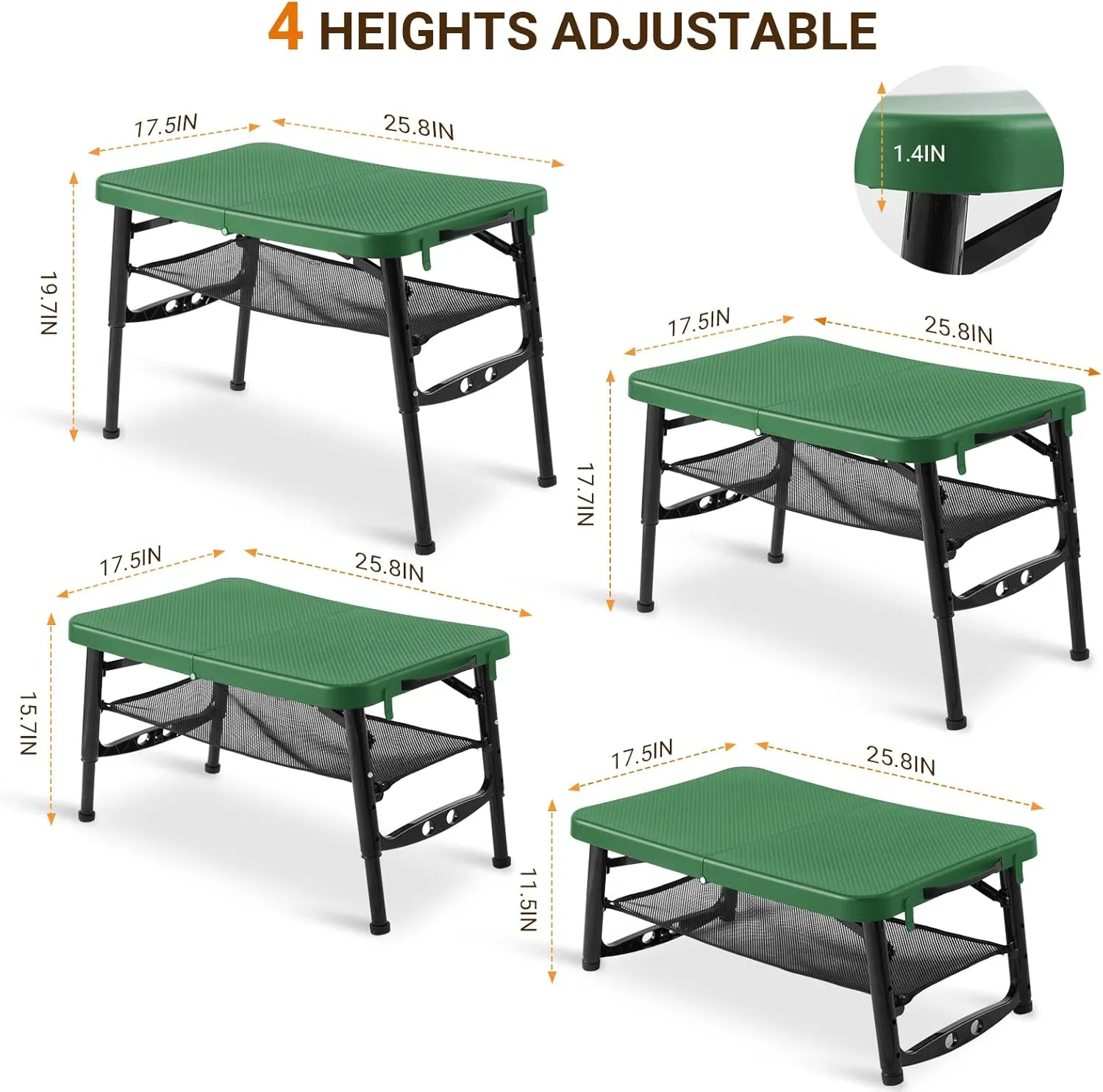 Mondoshop Adjustable Height Collapsible Table for Camping Small Folding Table with Storage Nets for Outdoor Cooking, Picnic, Beach, Travel