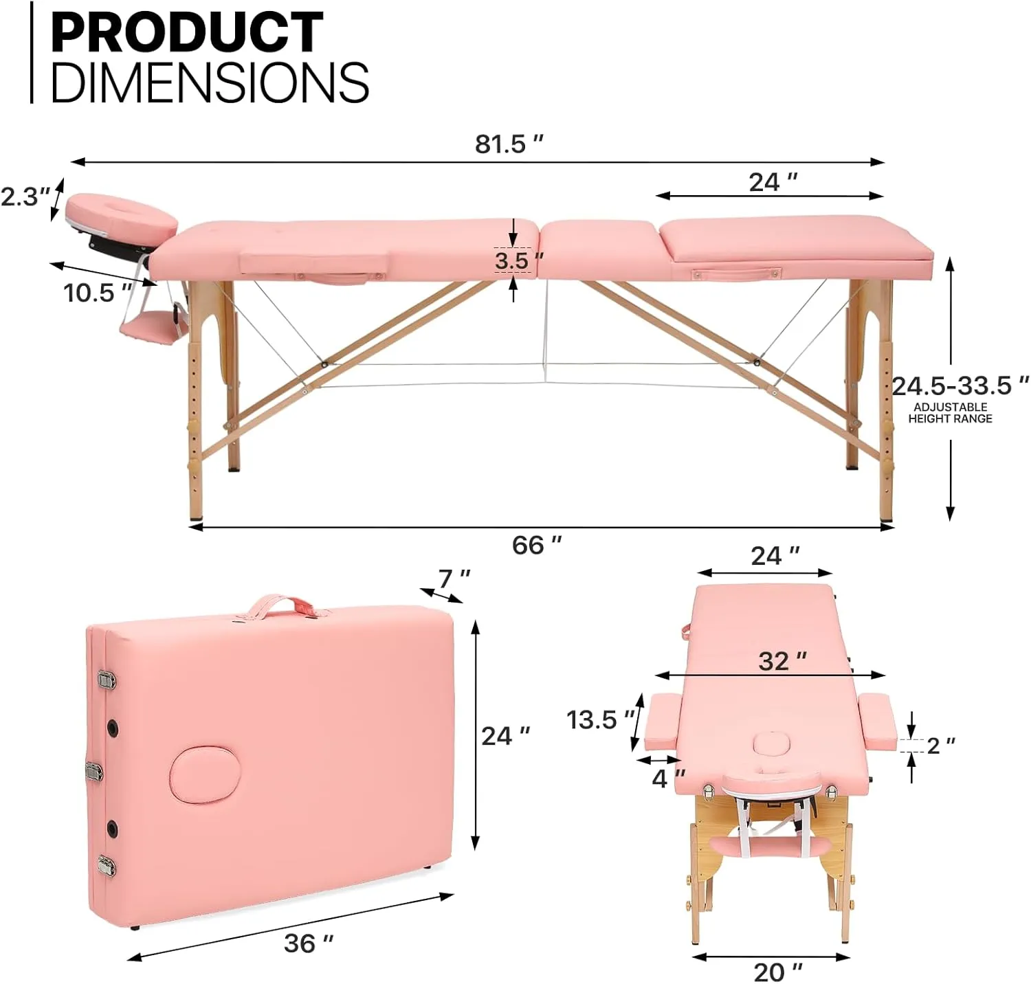 MoNiBloom 3 Fold Portable Massage Table - 82" Height Adjustable SPA Bed, Pink
