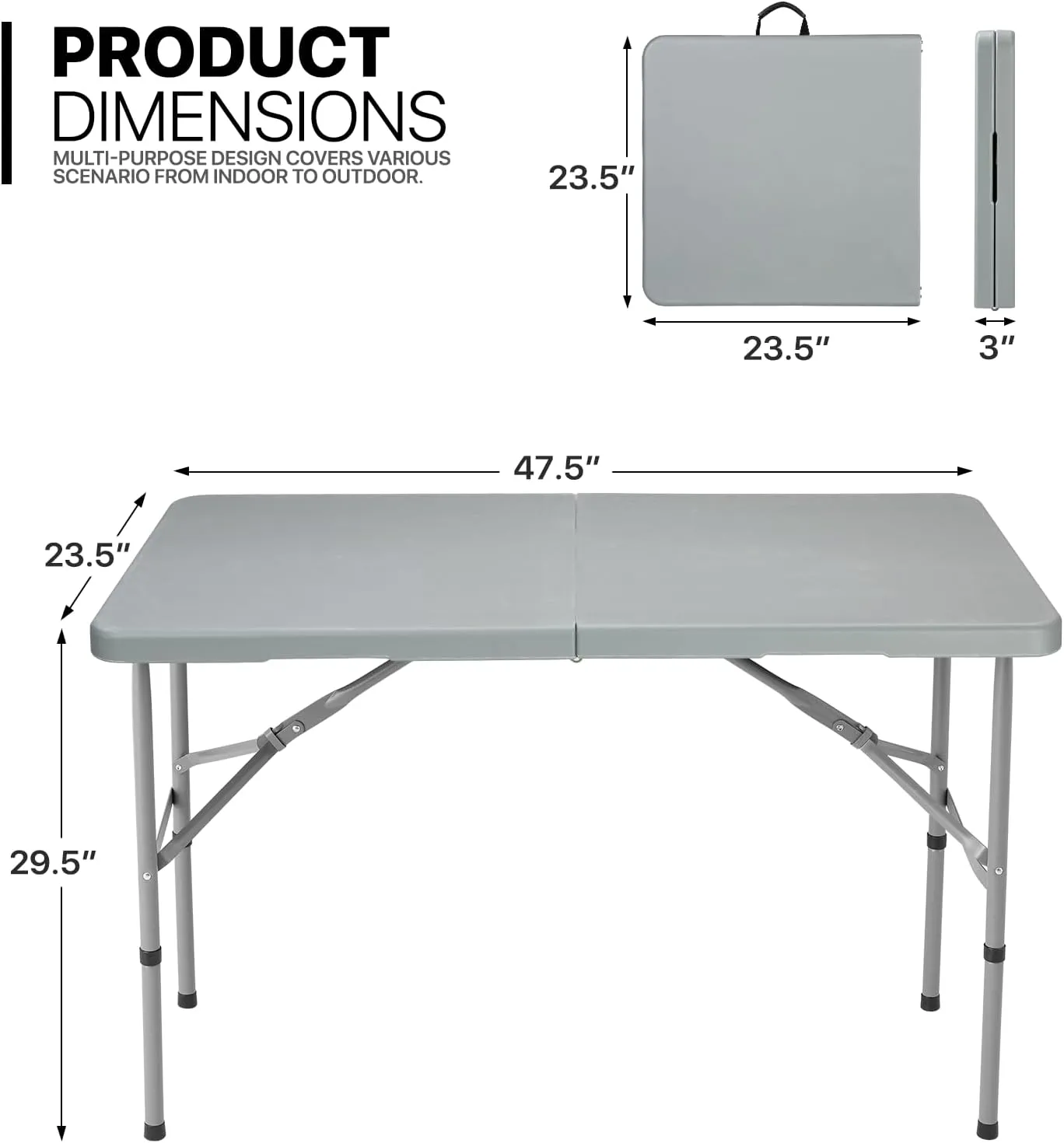 MoNiBloom 4Ft Folding Card Table, Outdoor Foldable Small Portable Plastic Dining Picnic Cookout Table w/Height Adjustable and Handle, Gray