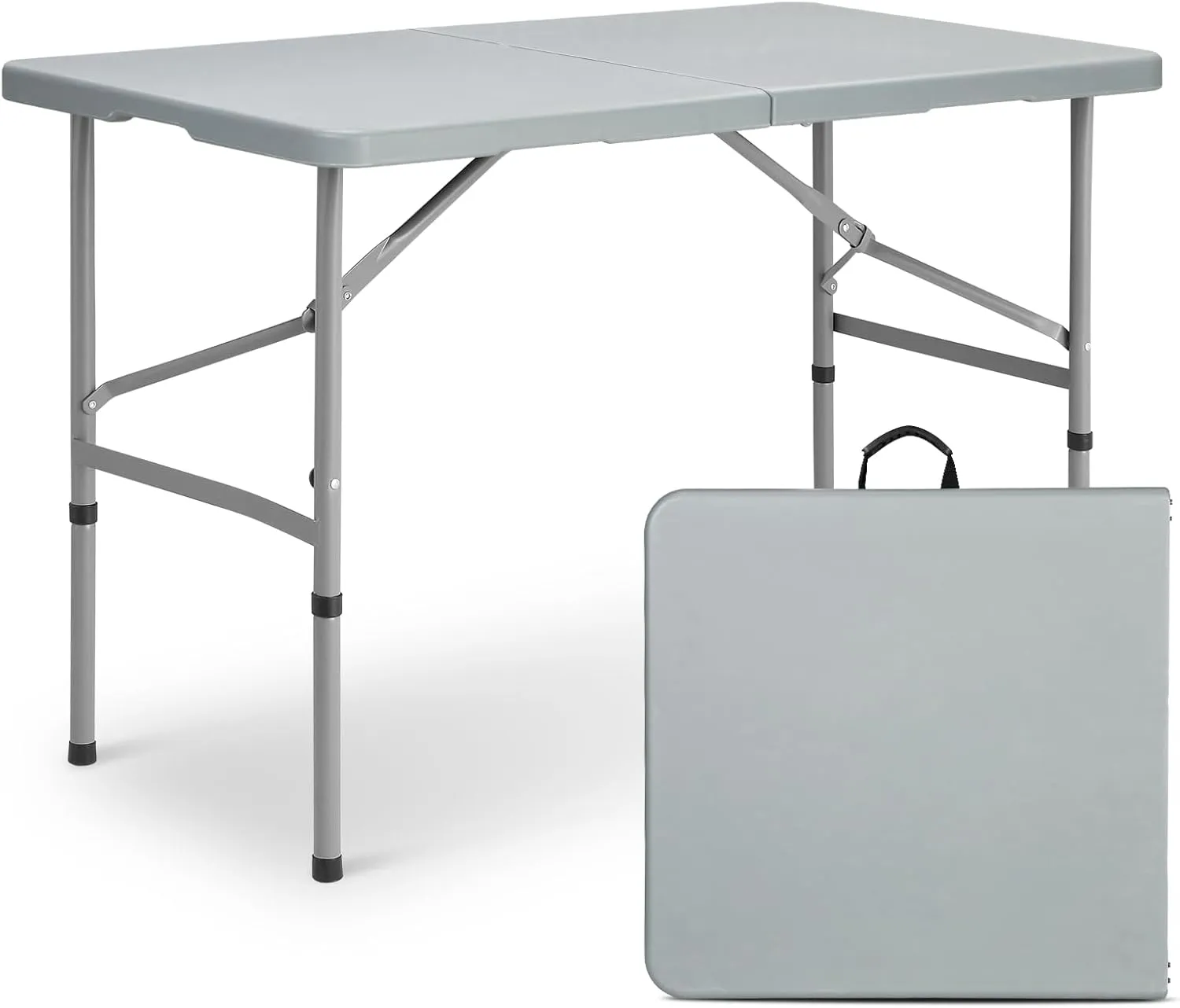 MoNiBloom 4Ft Folding Card Table, Outdoor Foldable Small Portable Plastic Dining Picnic Cookout Table w/Height Adjustable and Handle, Gray