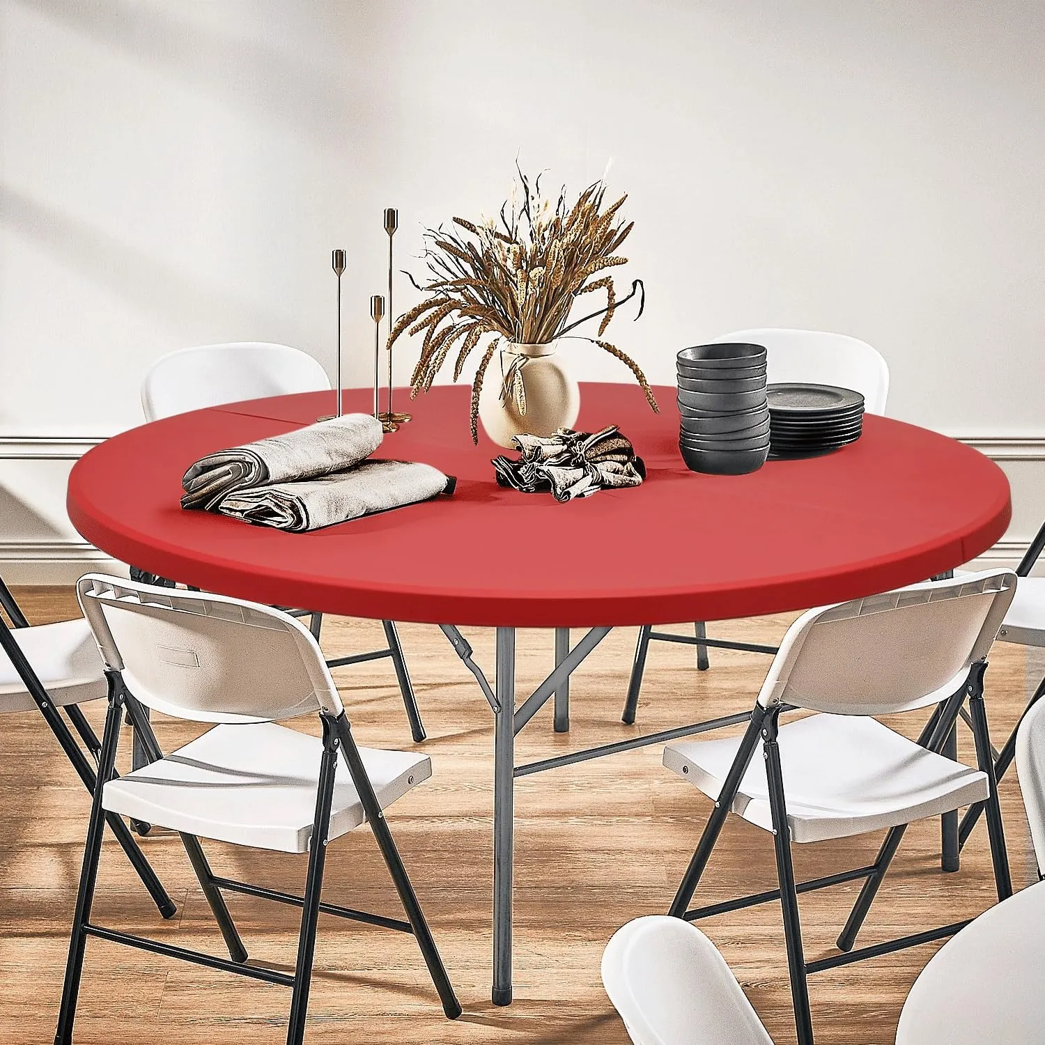 MoNiBloom 5Ft Round Folding Table, Indoor Outdoor Plastic Dining Card Table with Handle and Lock for Picnic Party Banquet Wedding, Red