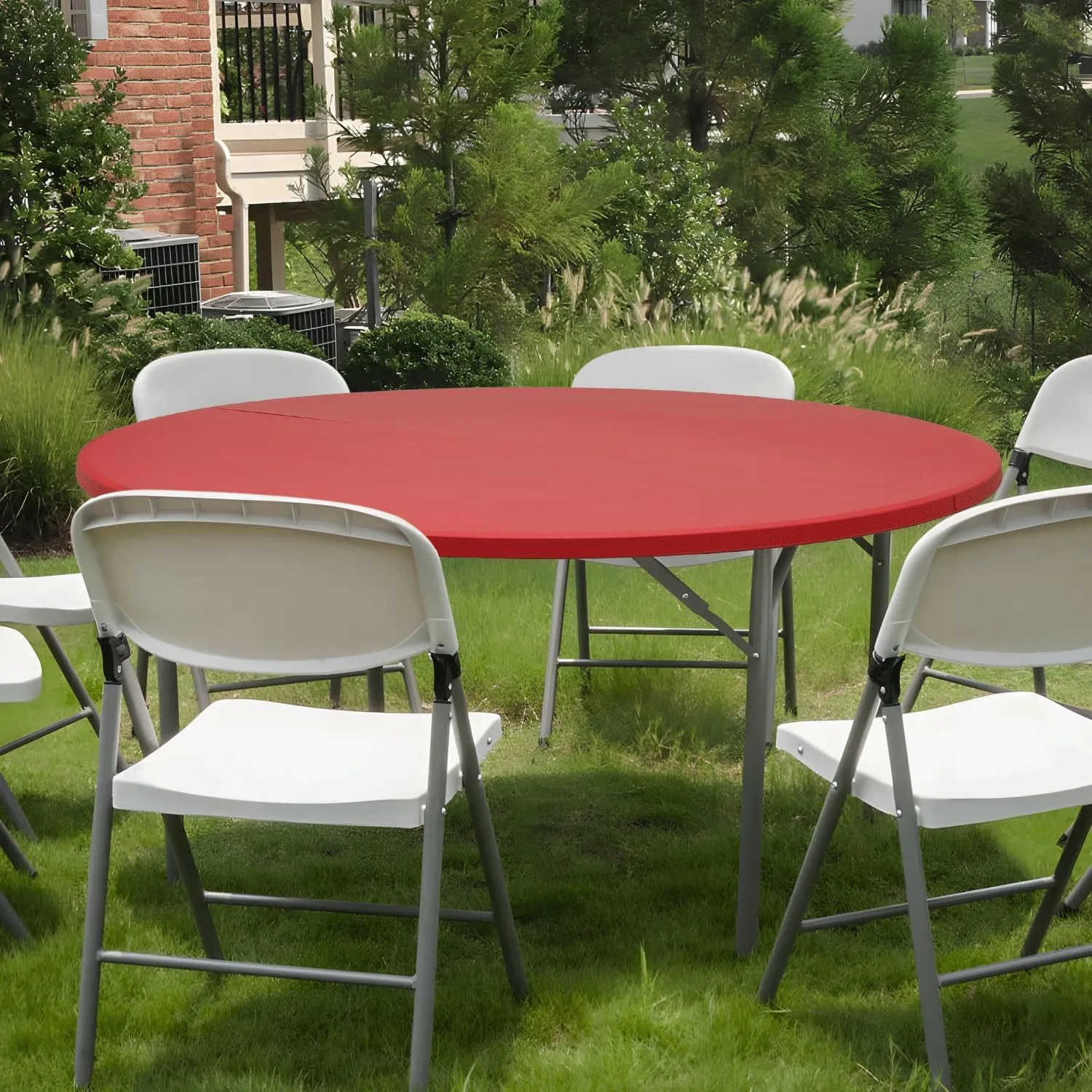 MoNiBloom 5Ft Round Folding Table, Indoor Outdoor Plastic Dining Card Table with Handle and Lock for Picnic Party Banquet Wedding, Red