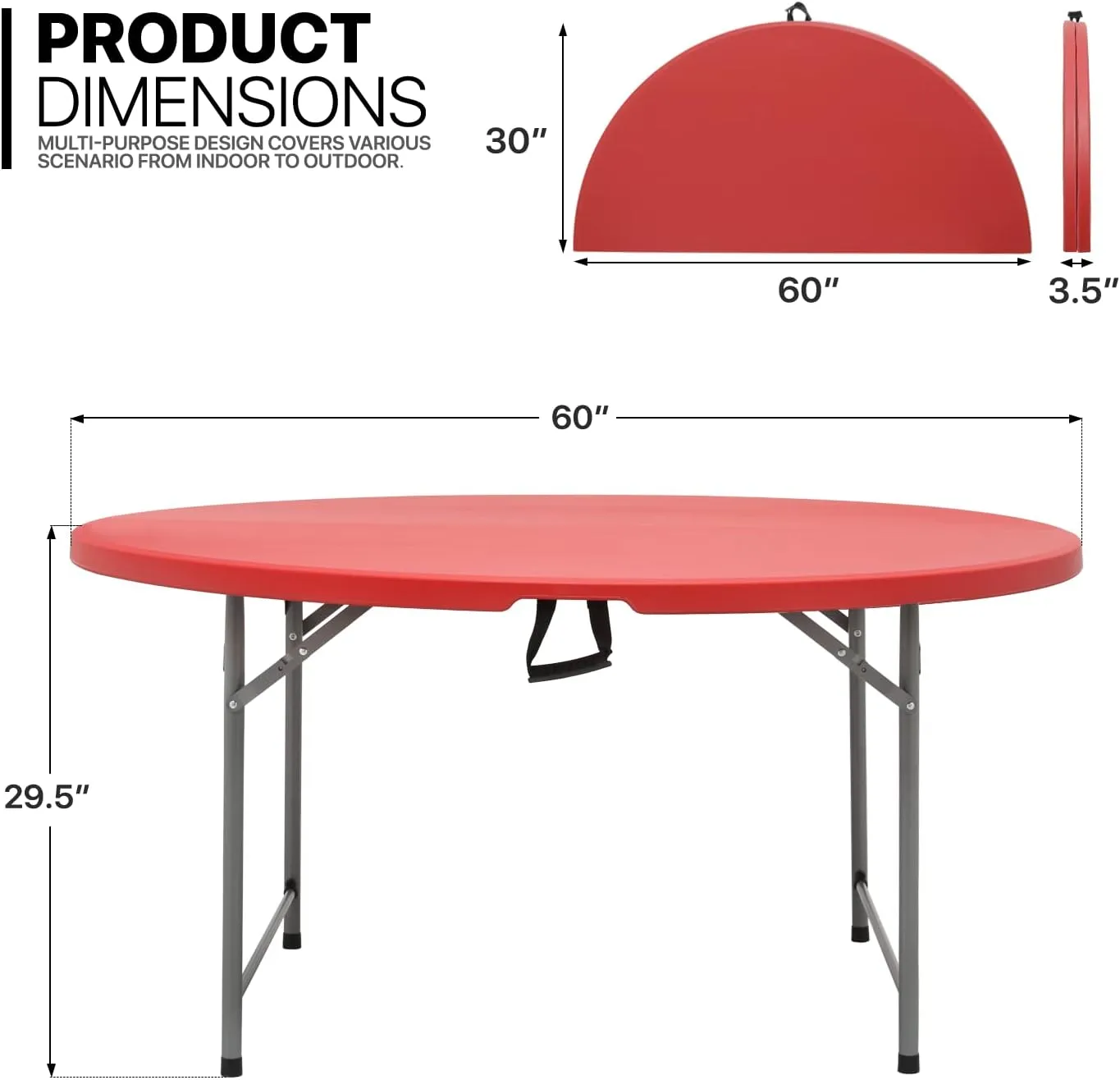 MoNiBloom 5Ft Round Folding Table, Indoor Outdoor Plastic Dining Card Table with Handle and Lock for Picnic Party Banquet Wedding, Red
