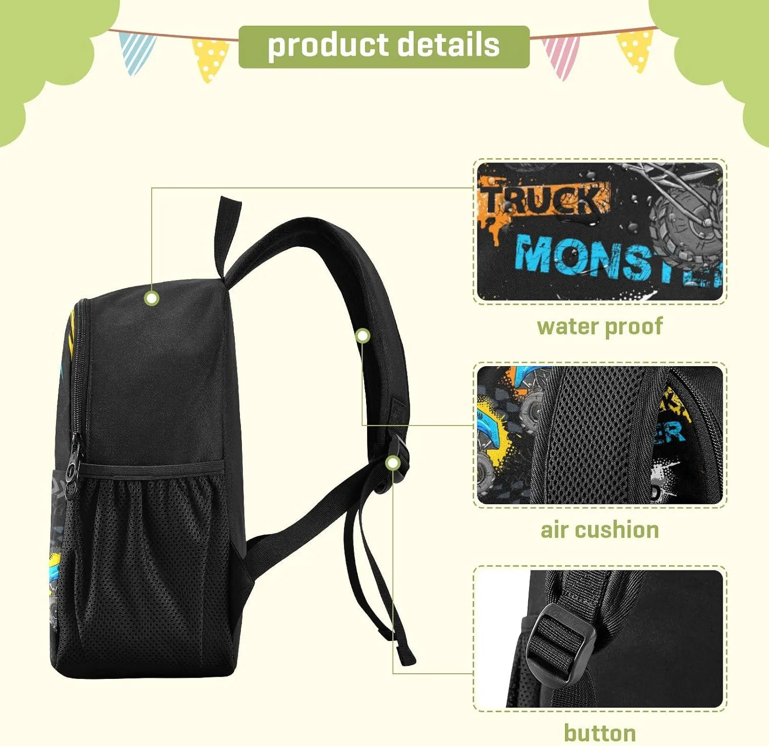 Monster Truck Toddler Backpack Waterproof Mini Backpack Boys/Girls Cute Small Kindergarten Pre School Bag