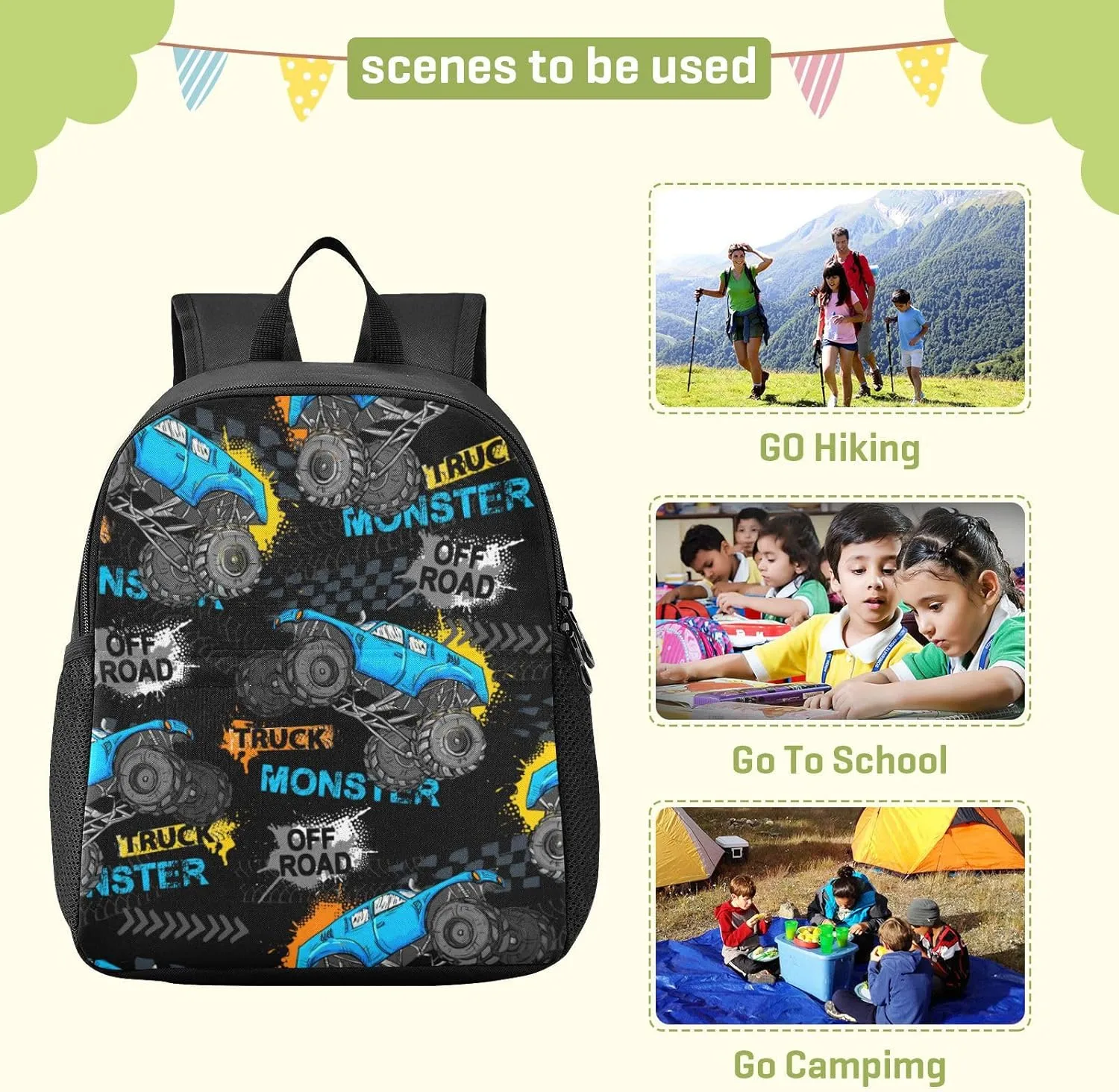 Monster Truck Toddler Backpack Waterproof Mini Backpack Boys/Girls Cute Small Kindergarten Pre School Bag