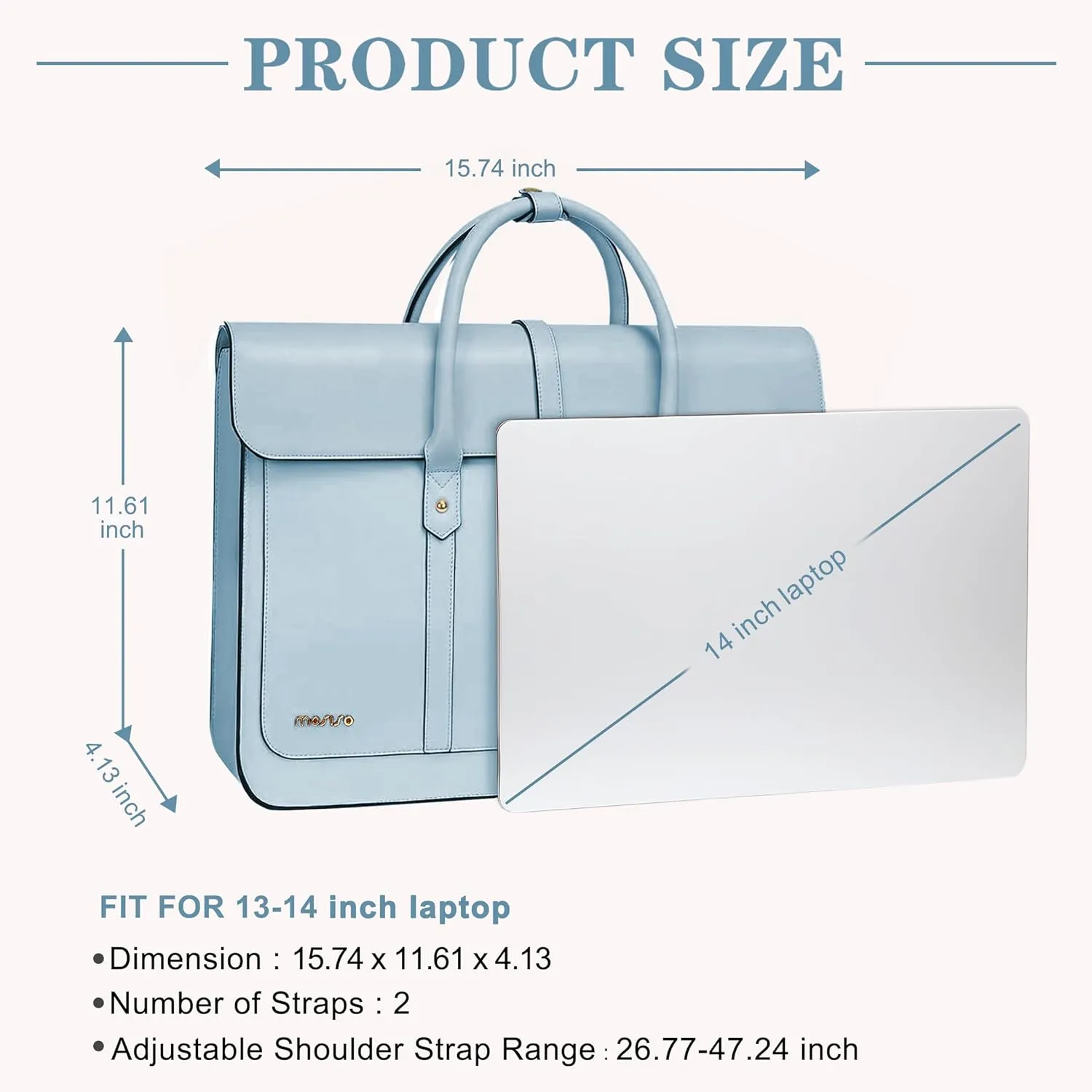 MOSISO Laptop Bag for Women, 13-14 inch PU Leather Laptop Shoulder Bags Convertible Backpack, 13.3 inch Messenger Bags Casual Handbag Work Briefcase Travel Computer Bag with Bowknot, Air Blue