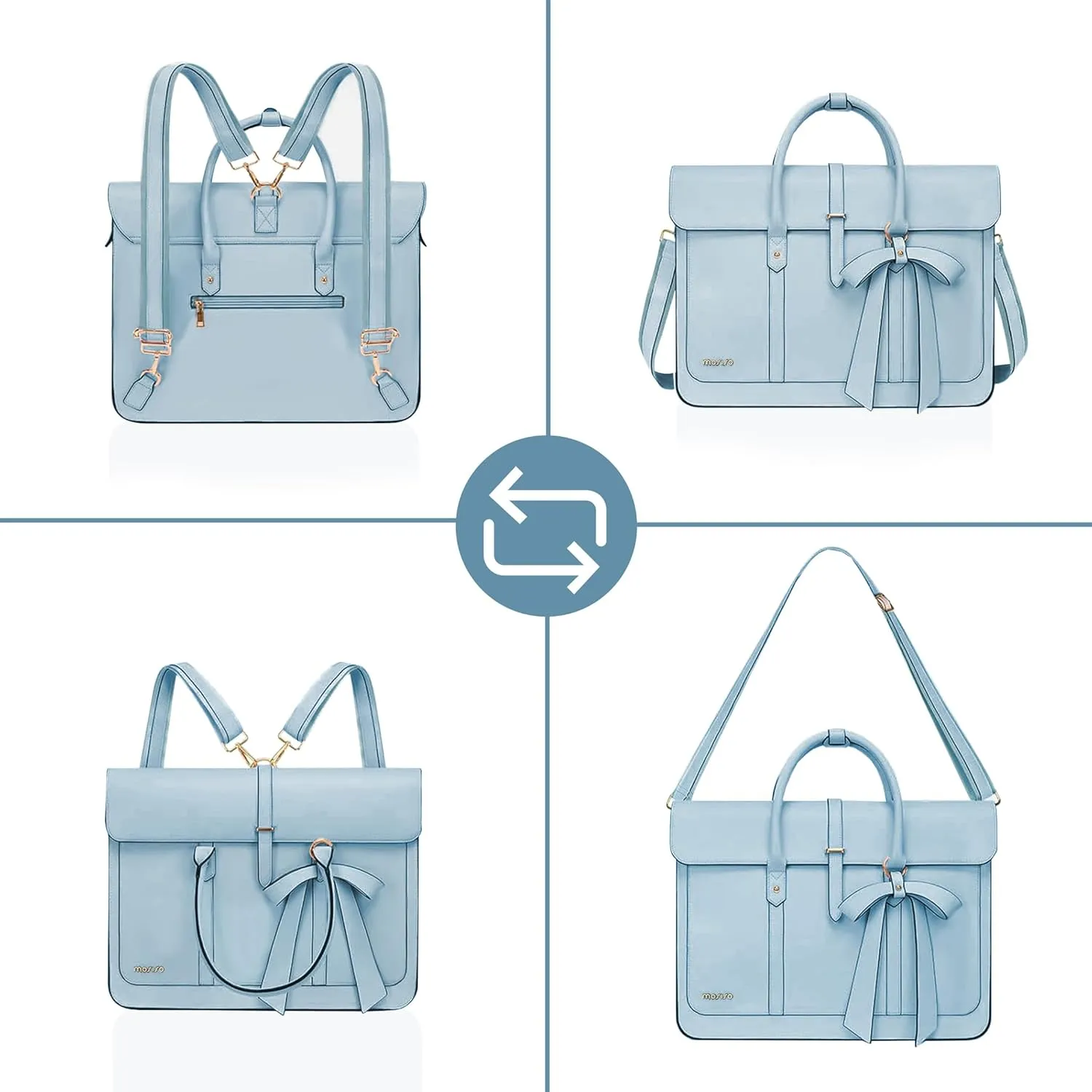 MOSISO Laptop Bag for Women, 13-14 inch PU Leather Laptop Shoulder Bags Convertible Backpack, 13.3 inch Messenger Bags Casual Handbag Work Briefcase Travel Computer Bag with Bowknot, Air Blue