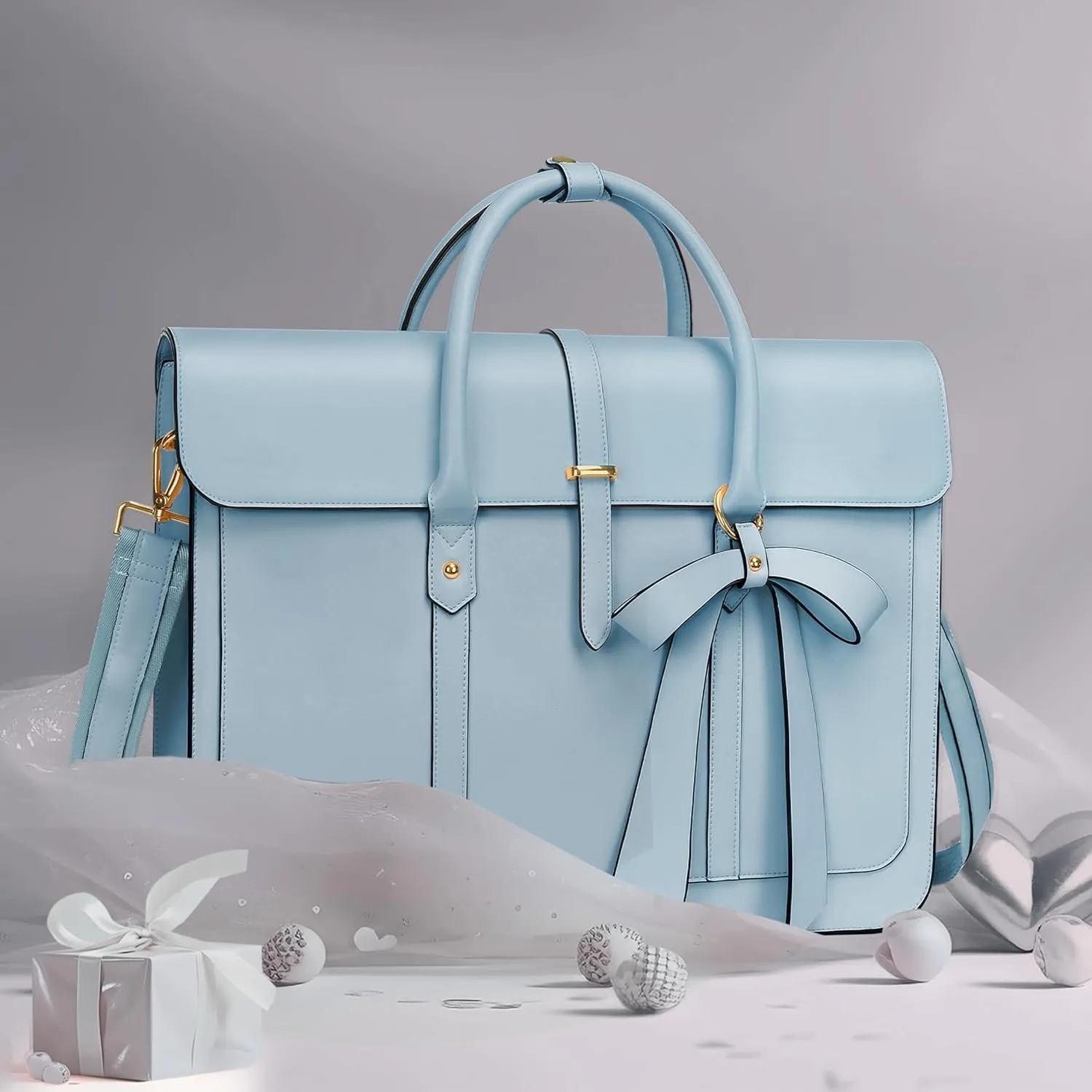 MOSISO Laptop Bag for Women, 13-14 inch PU Leather Laptop Shoulder Bags Convertible Backpack, 13.3 inch Messenger Bags Casual Handbag Work Briefcase Travel Computer Bag with Bowknot, Air Blue