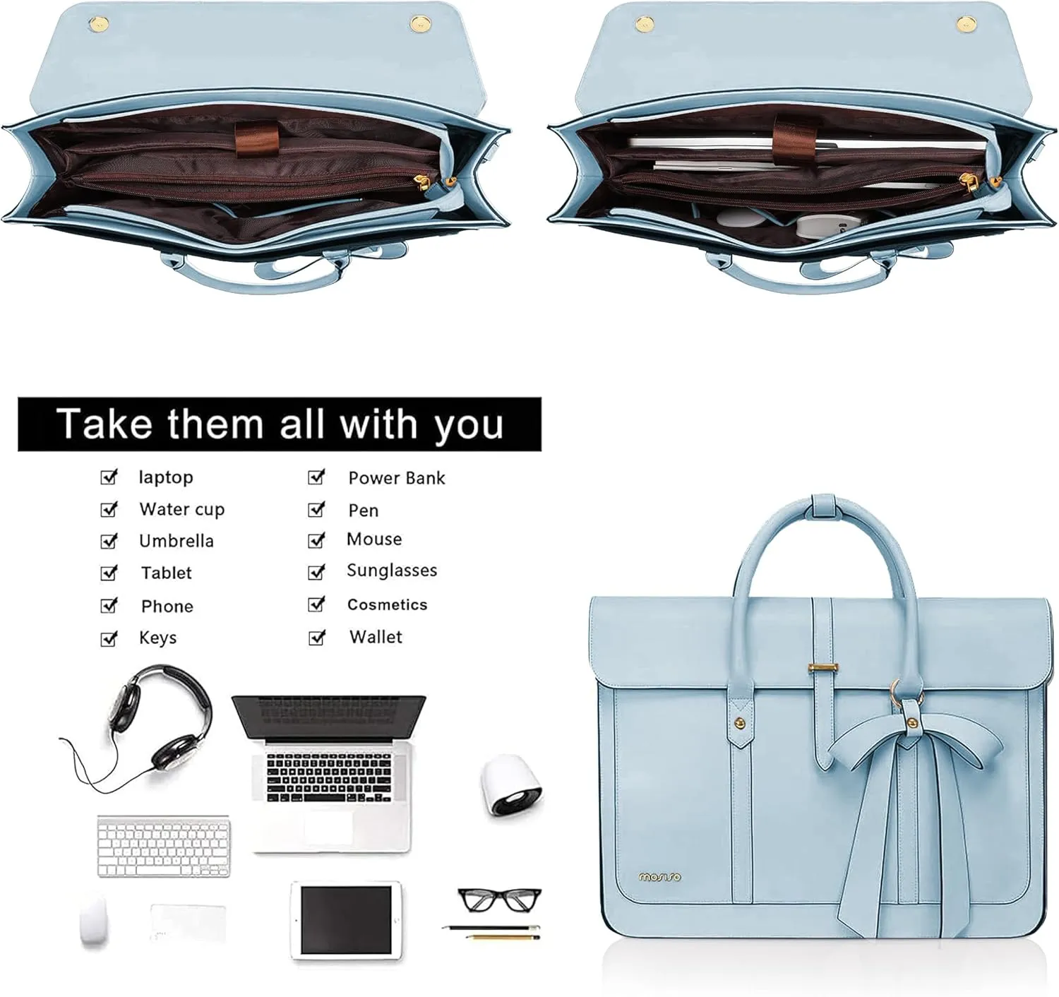 MOSISO Laptop Bag for Women, 13-14 inch PU Leather Laptop Shoulder Bags Convertible Backpack, 13.3 inch Messenger Bags Casual Handbag Work Briefcase Travel Computer Bag with Bowknot, Air Blue