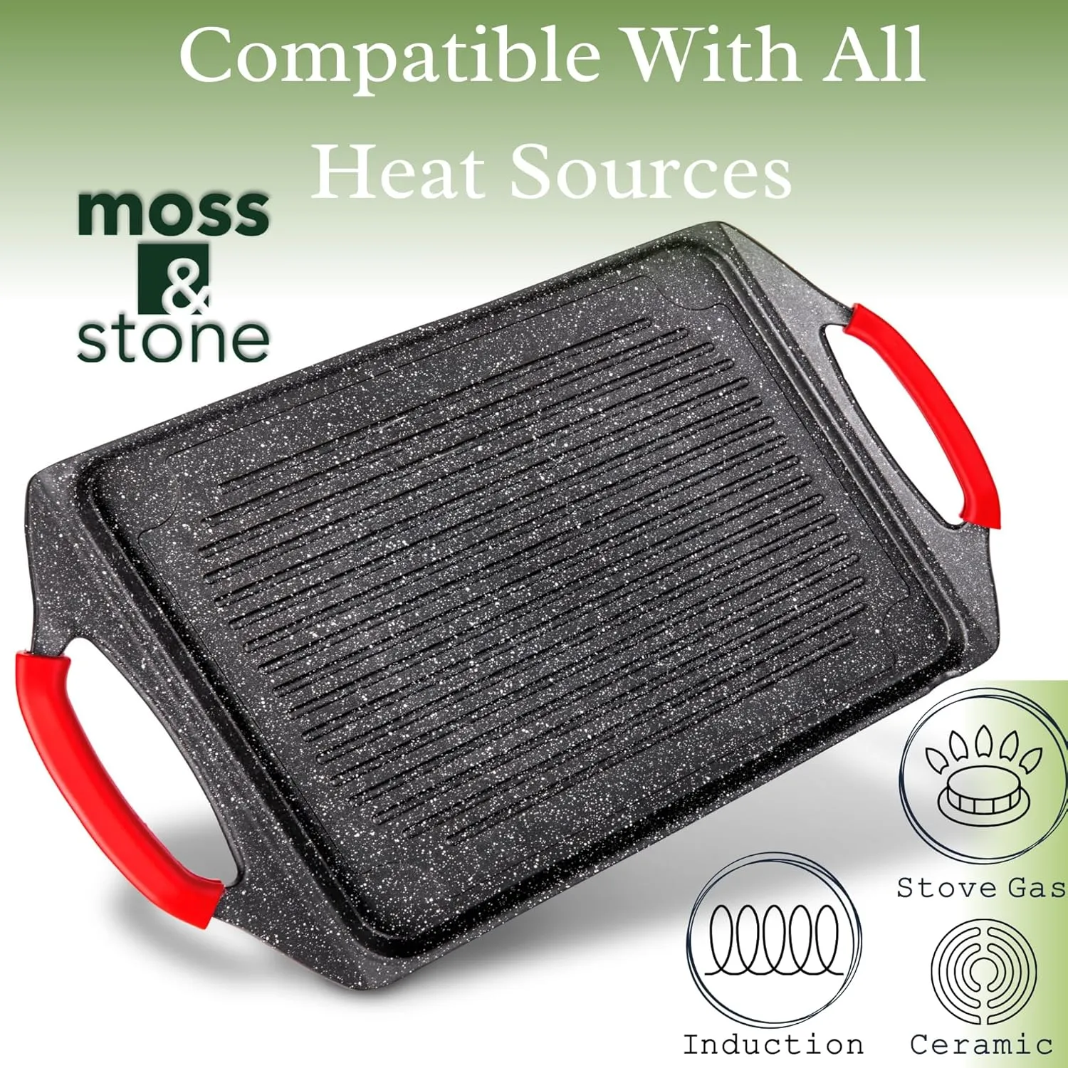Moss & Stone Aluminum BBQ Griddle, 18x10.5" Rectangle Grill Pan for Indoor Cooking, Non-stick Flat Top Grill for Fish, Vegetables & Steak